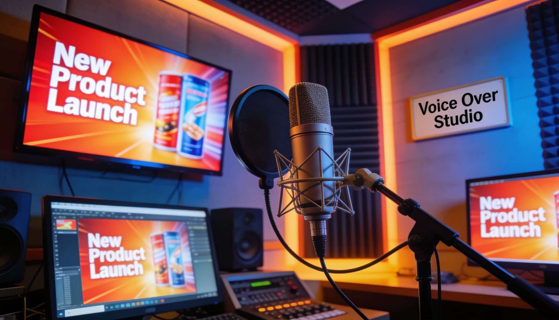 Advertising voice over recording session with a microphone and screens