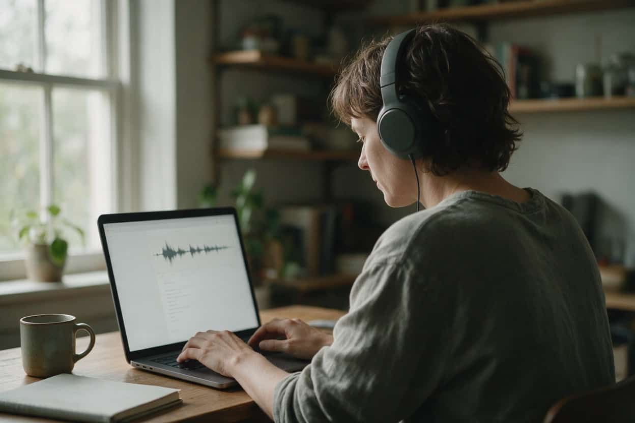 A transcriber listening through headphones and typing up a recording