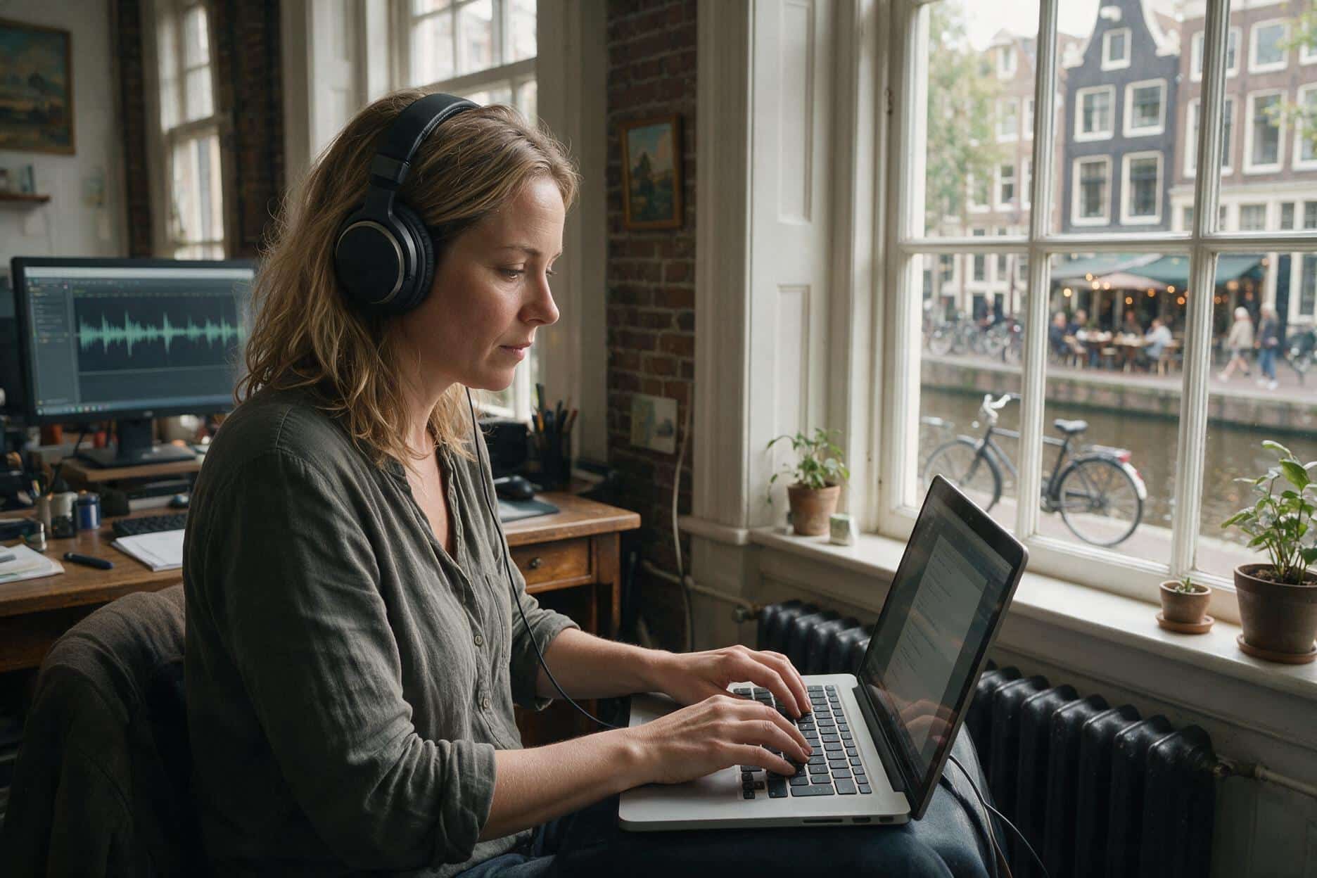A transcriber listening through headphones and typing up a Dutch recording