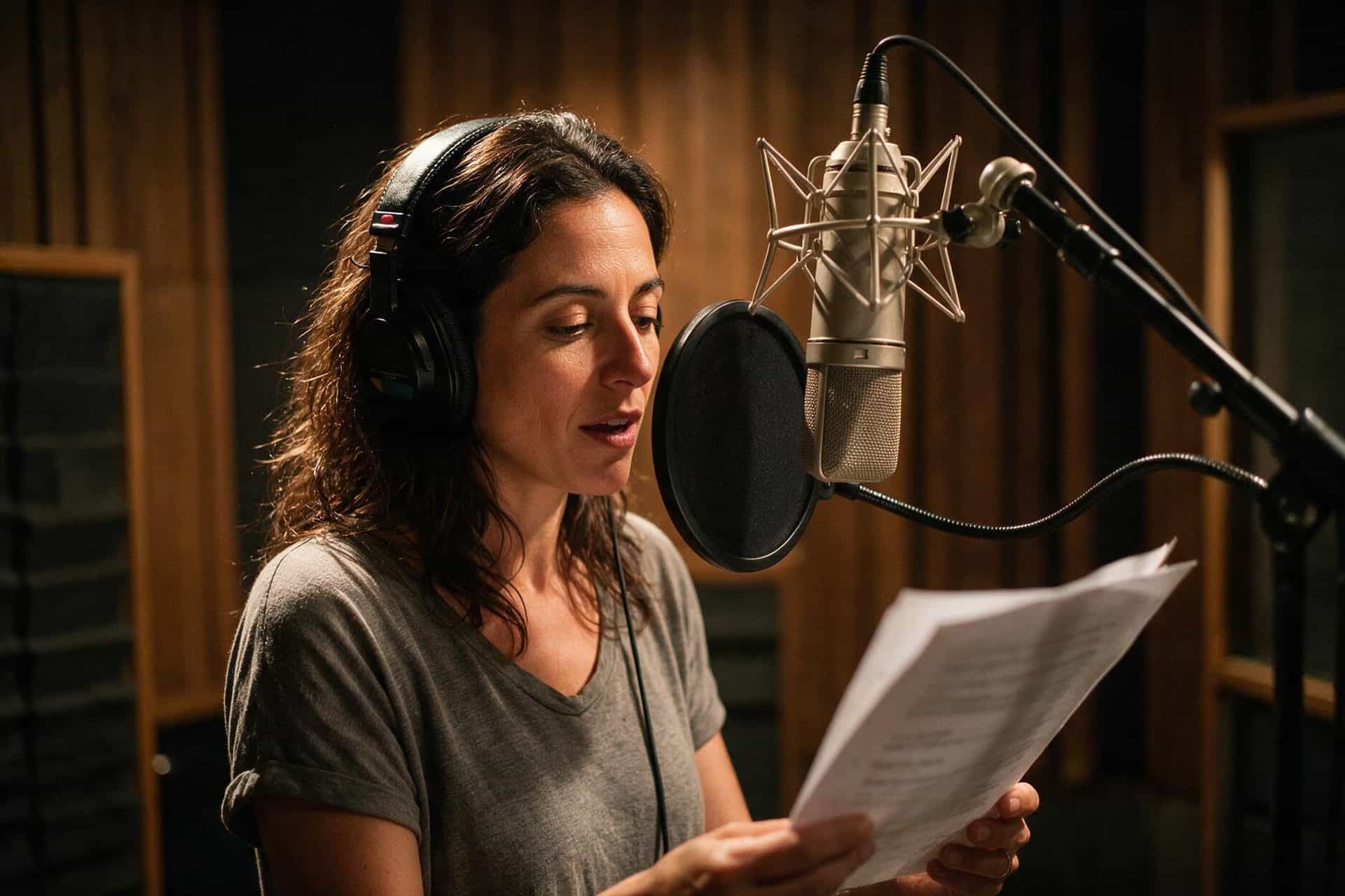 Cypriot Greek voice actor recording at a studio microphone in a soundproofed booth