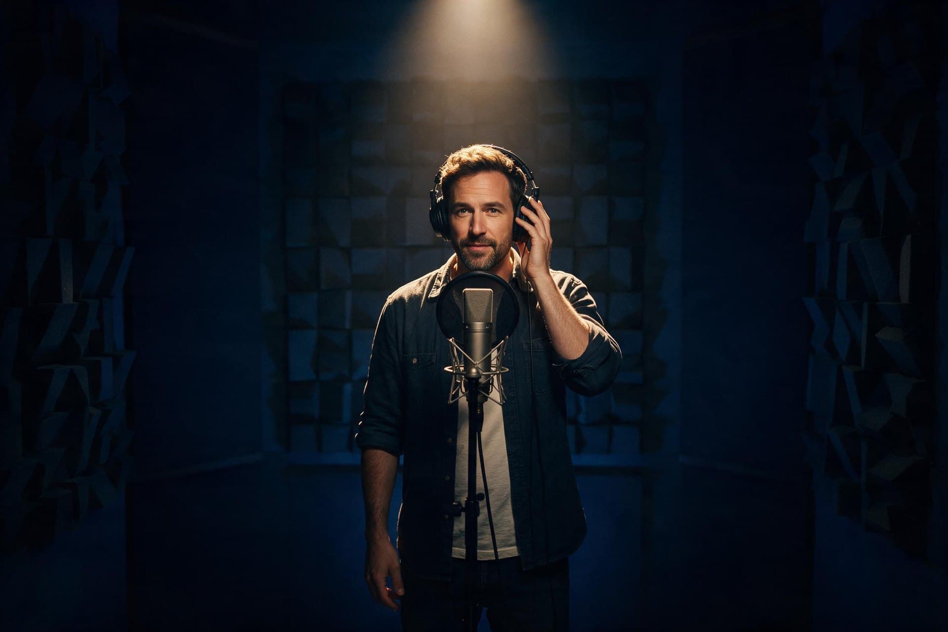 Slovak voice actor recording at a microphone in an acoustically treated studio booth