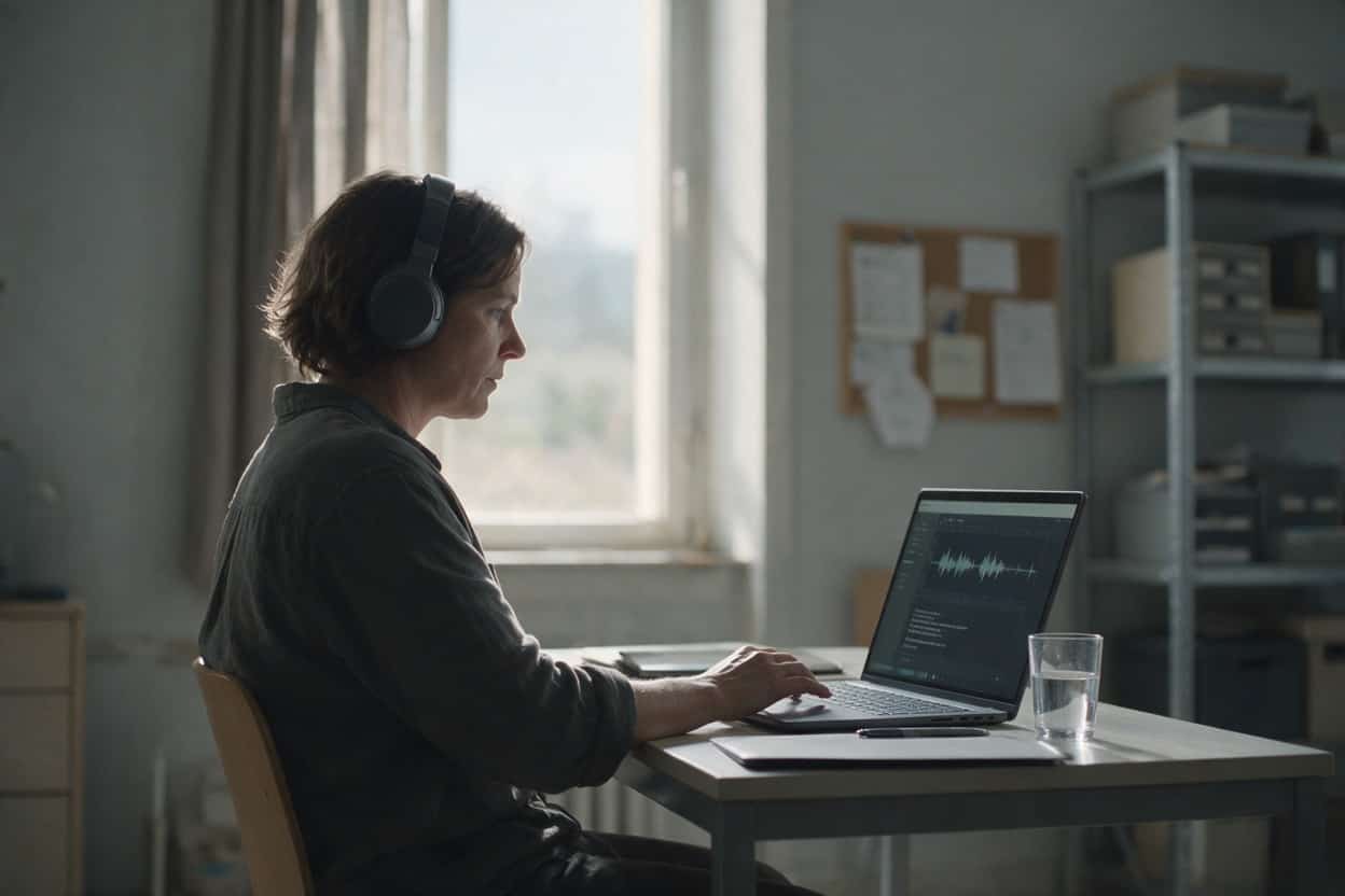 A transcriber listening through headphones and typing up a recording