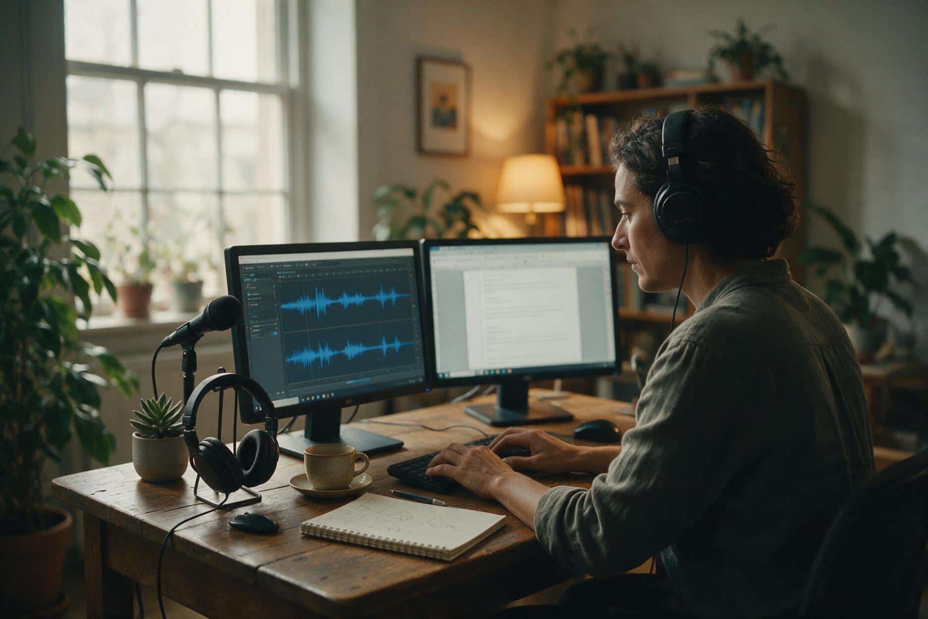 A transcriber listening through headphones and typing up a Basque recording