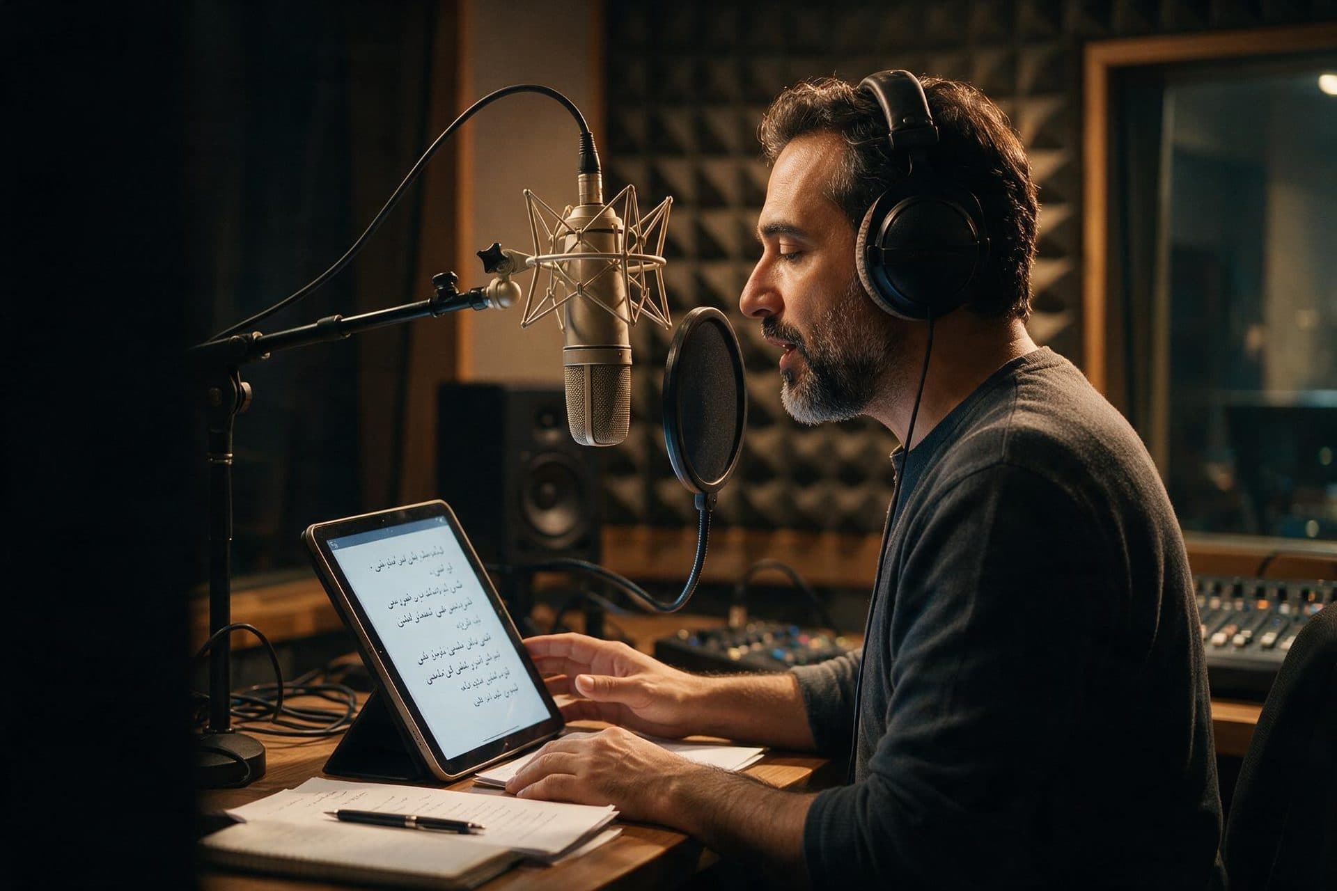 Professional Russian voice actor recording in a broadcast-quality studio