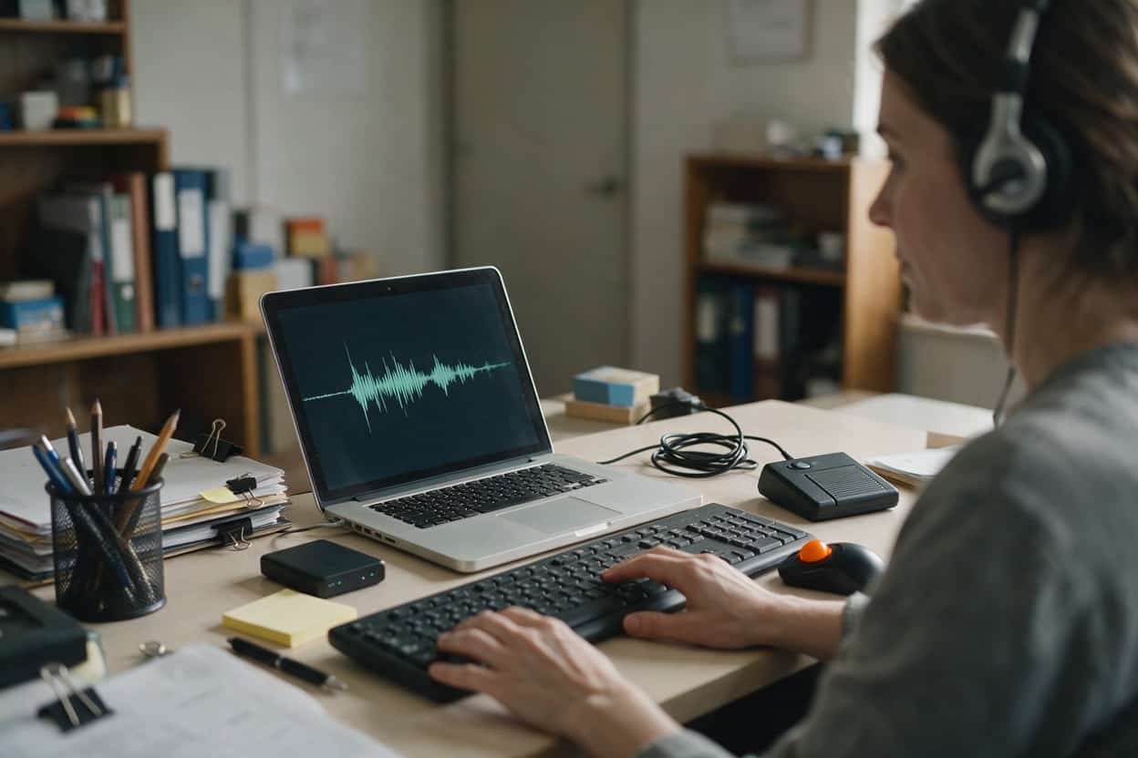 A transcriber listening through headphones and typing up a recording