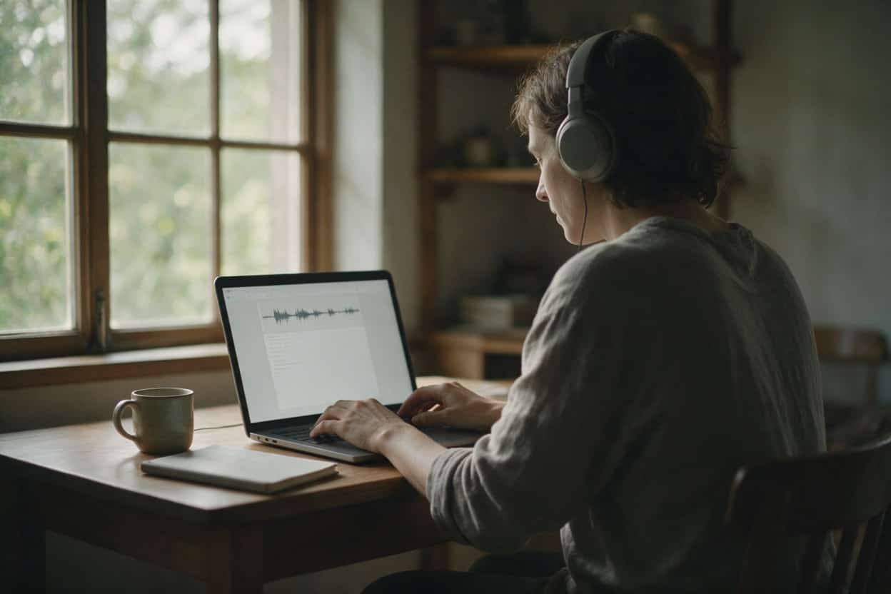 A transcriber listening through headphones and typing up a recording