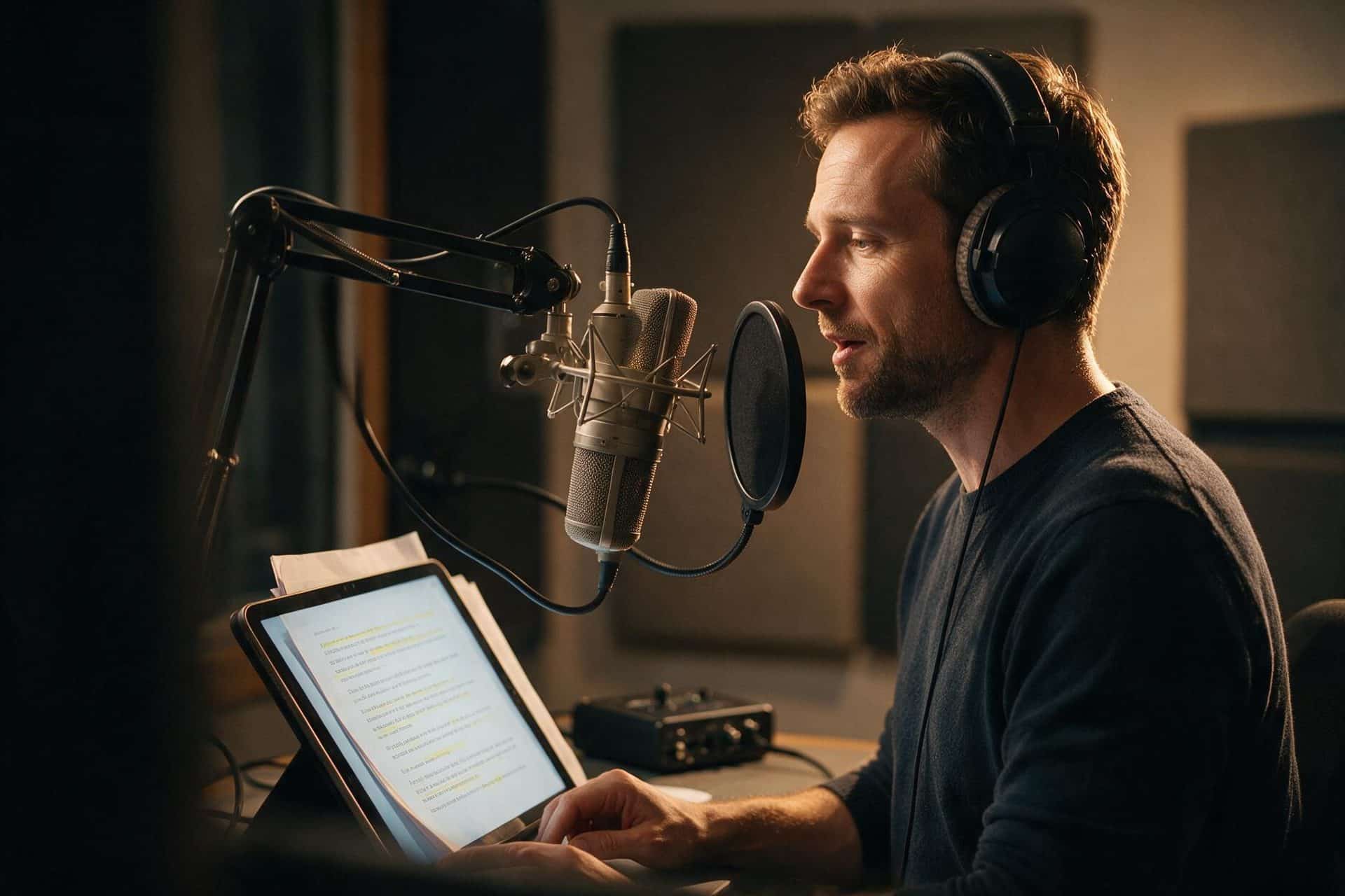 Professional German voice artist recording in a broadcast-quality studio