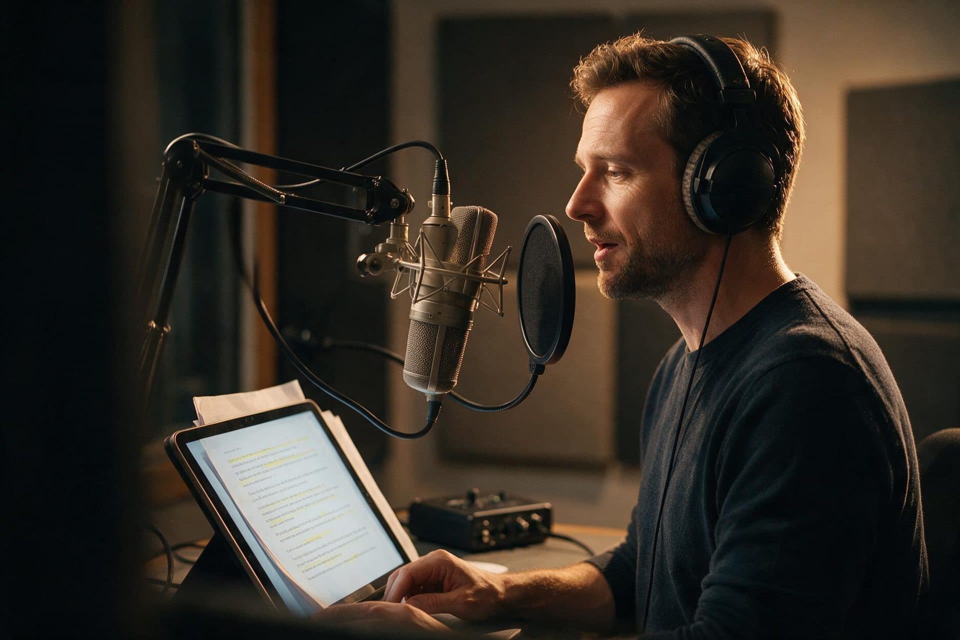 Professional Dutch voice actor recording in a broadcast-quality studio