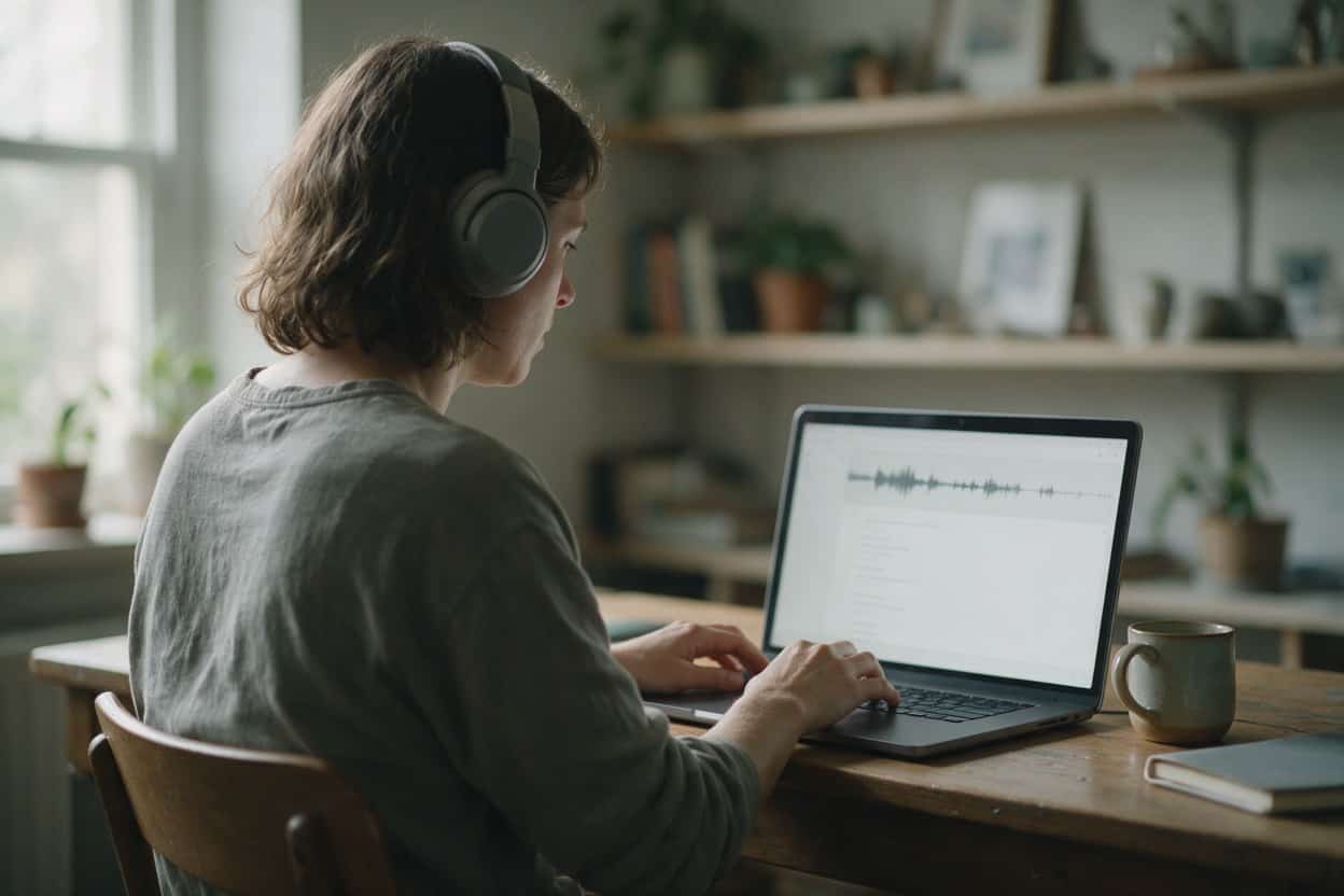 A transcriber listening through headphones and typing up a recording