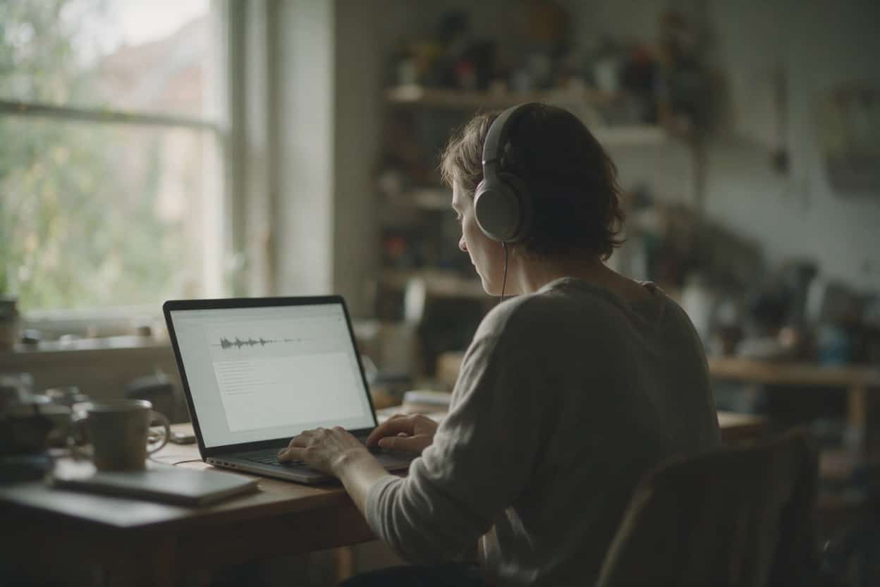 A transcriber listening through headphones and typing up a recording