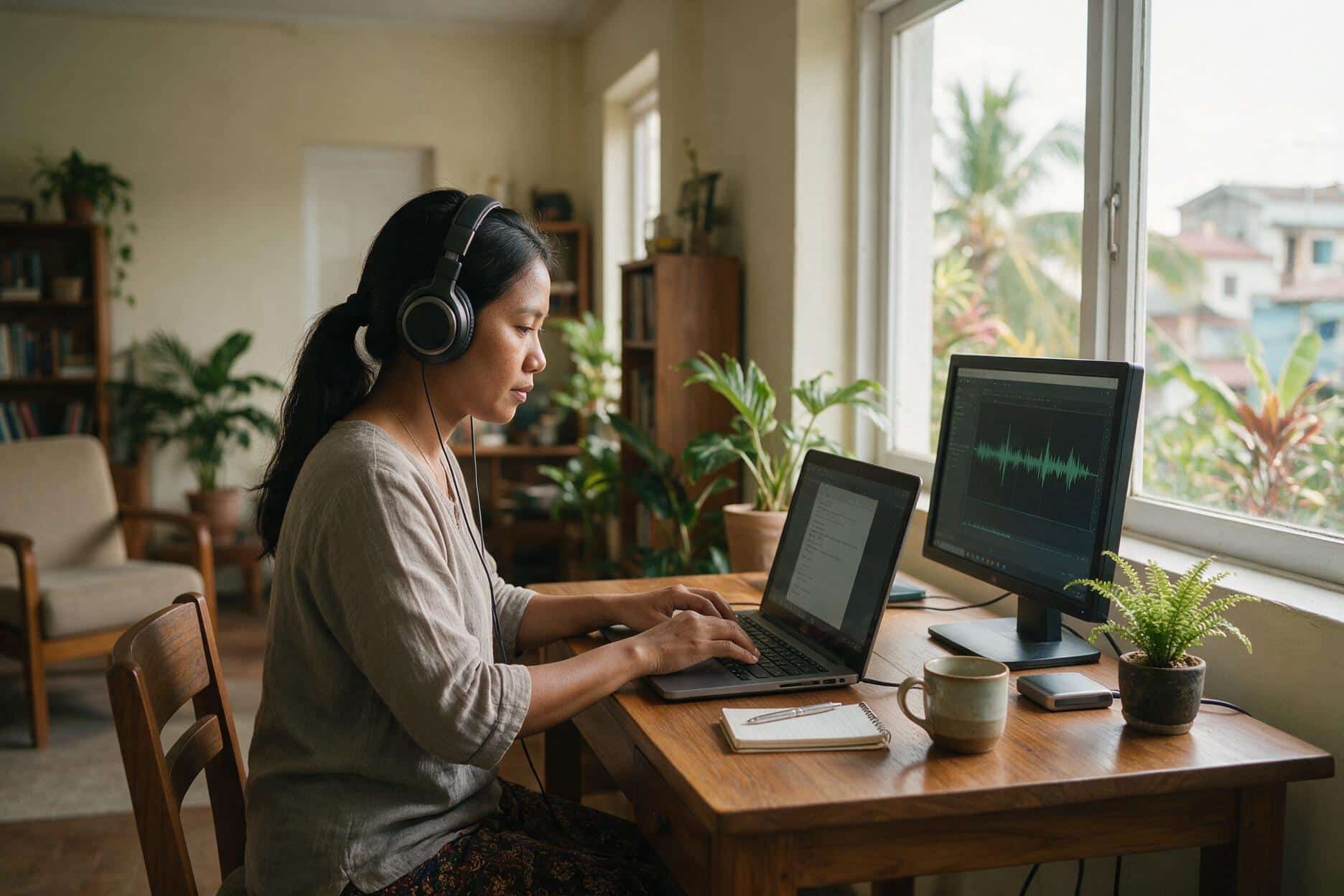 A transcriber listening through headphones and typing up a recording