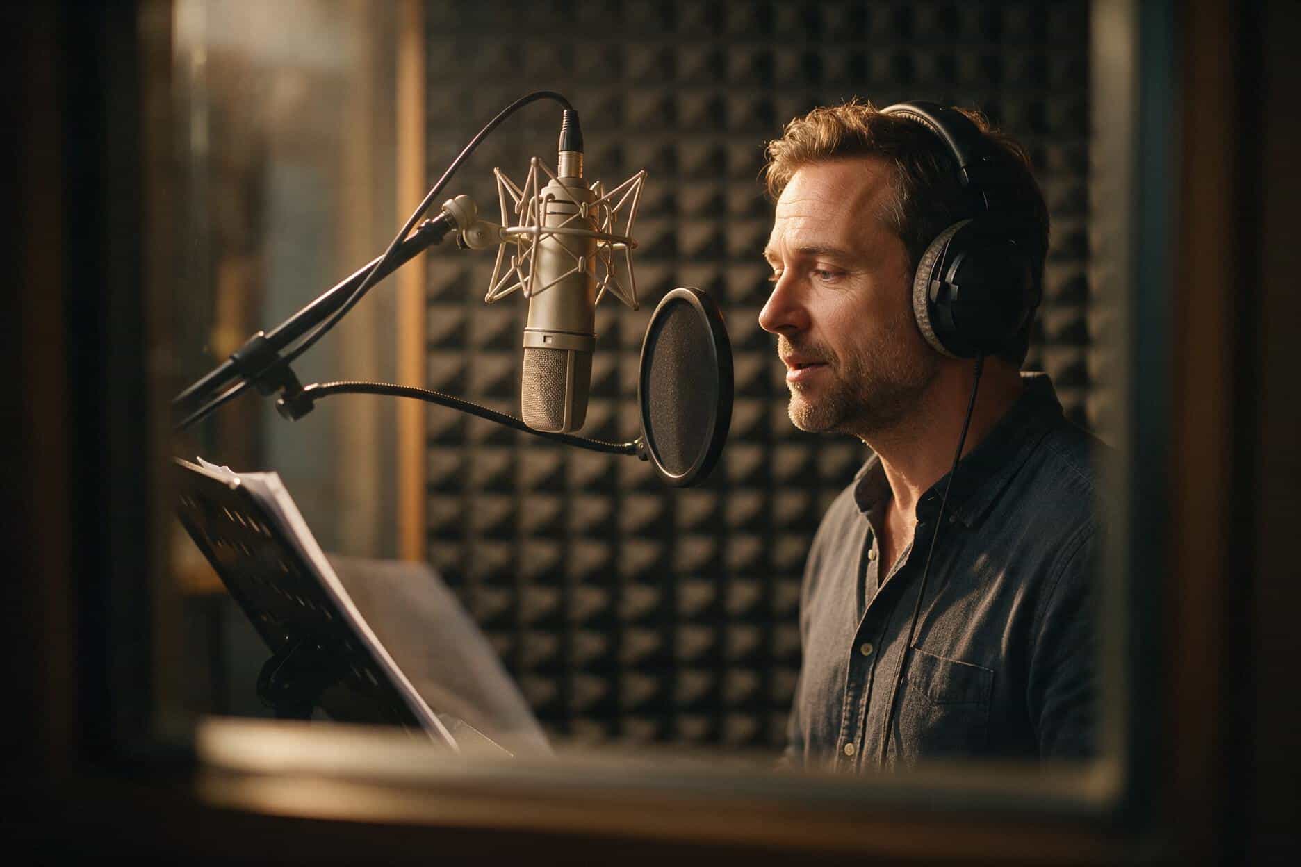 Voice actor at the microphone during a Belarusian recording session