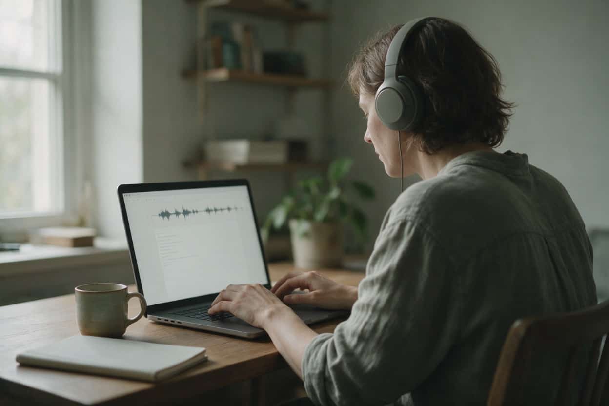 A transcriber listening through headphones and typing up a recording