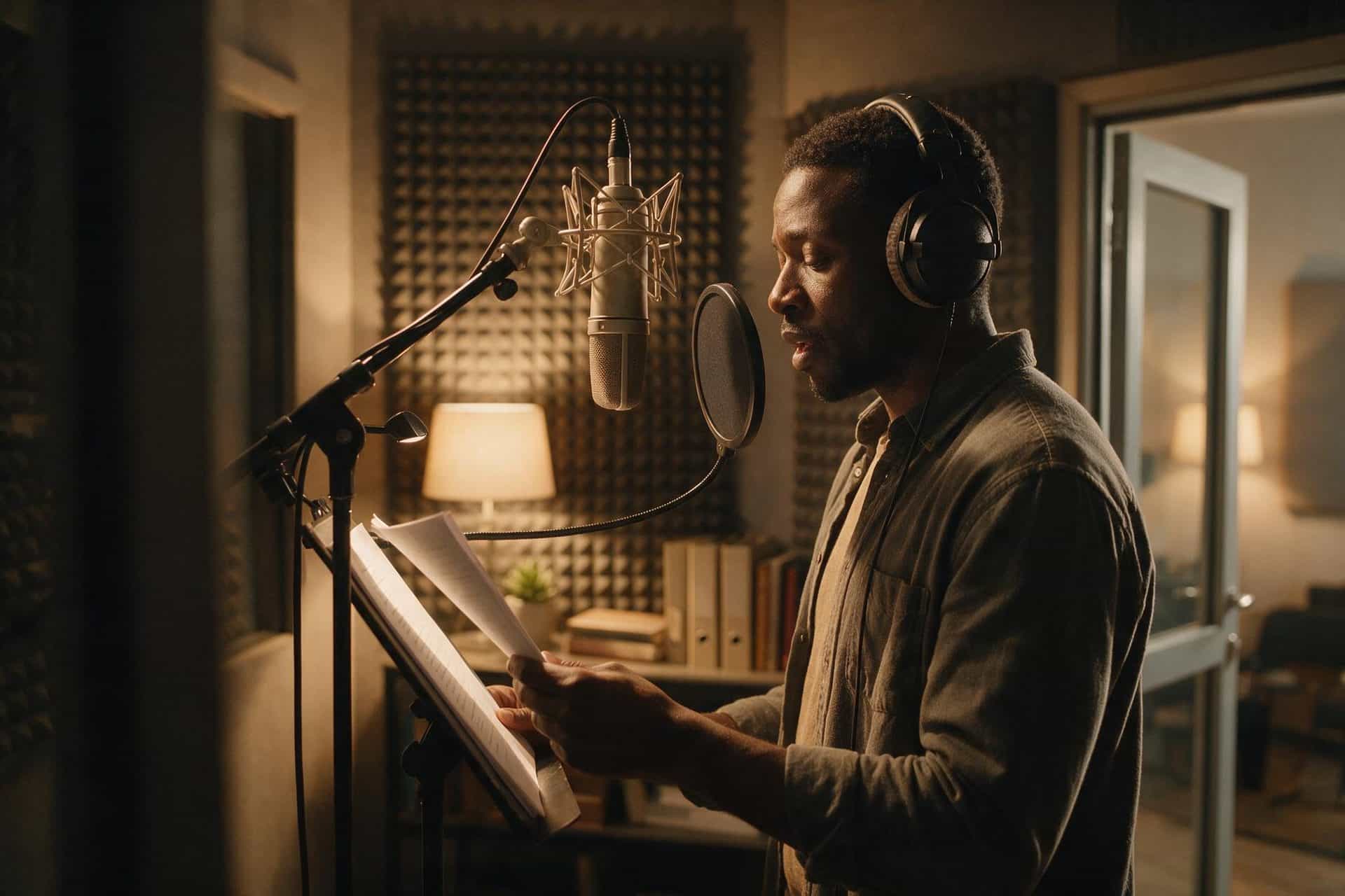 Swahili voice actor recording at a studio microphone in a soundproofed booth