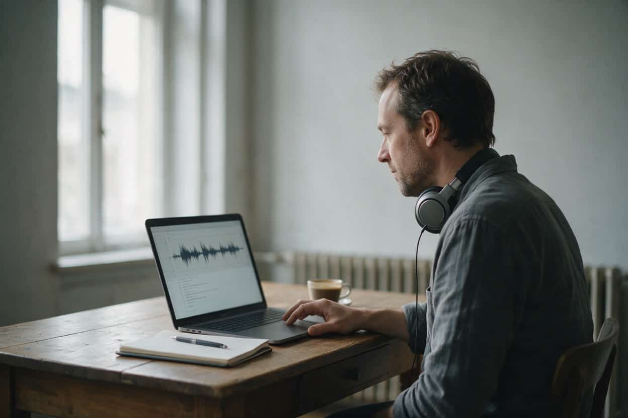 A transcriber listening through headphones and typing up a recording