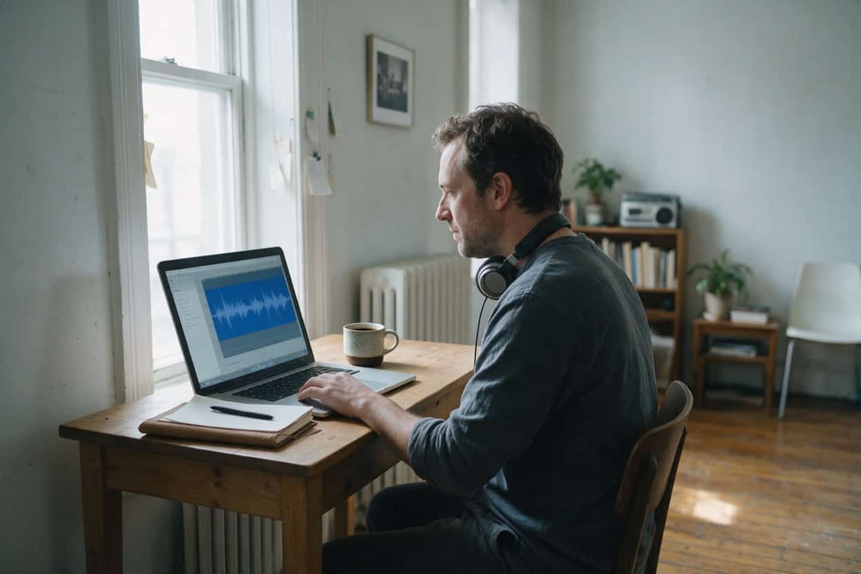 A transcriber listening through headphones and typing up a recording