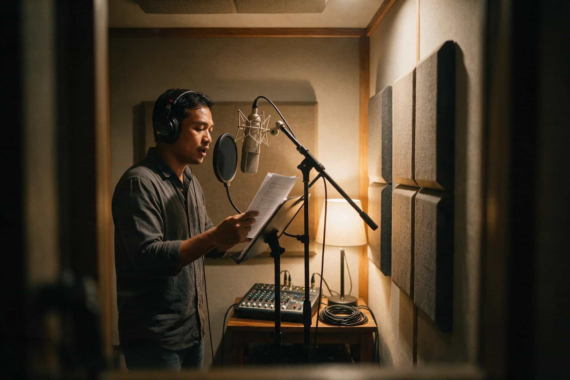 Hmong voice actor recording at a studio microphone in a soundproofed booth
