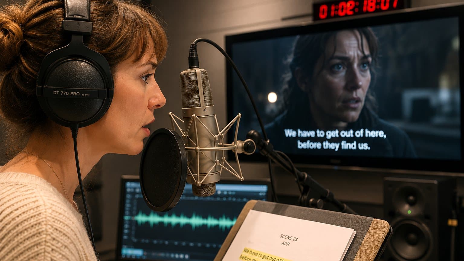 Actor recording ADR to picture at the mic, with scene and timecode on the studio screen