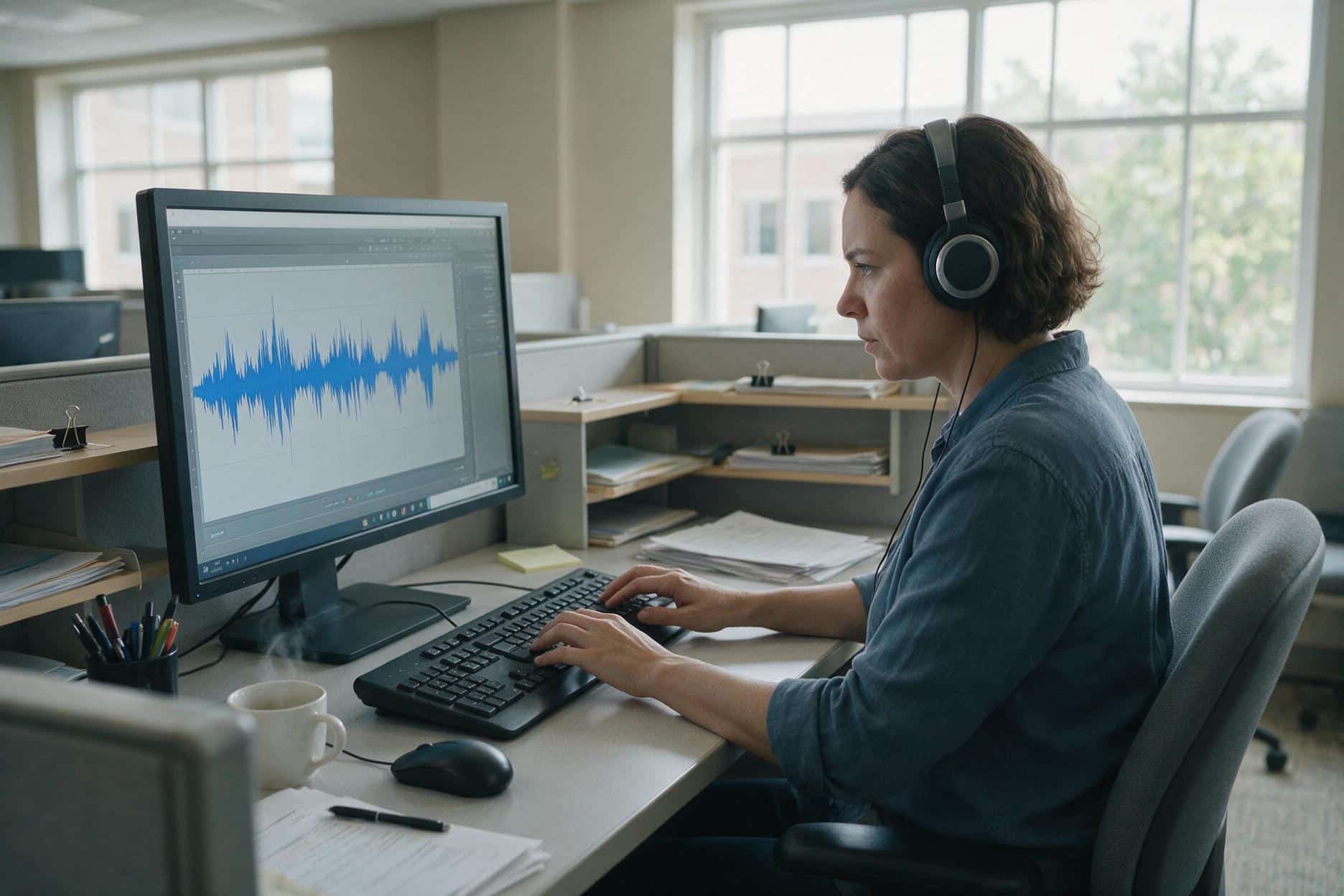 A transcriber listening through headphones and typing up a recording