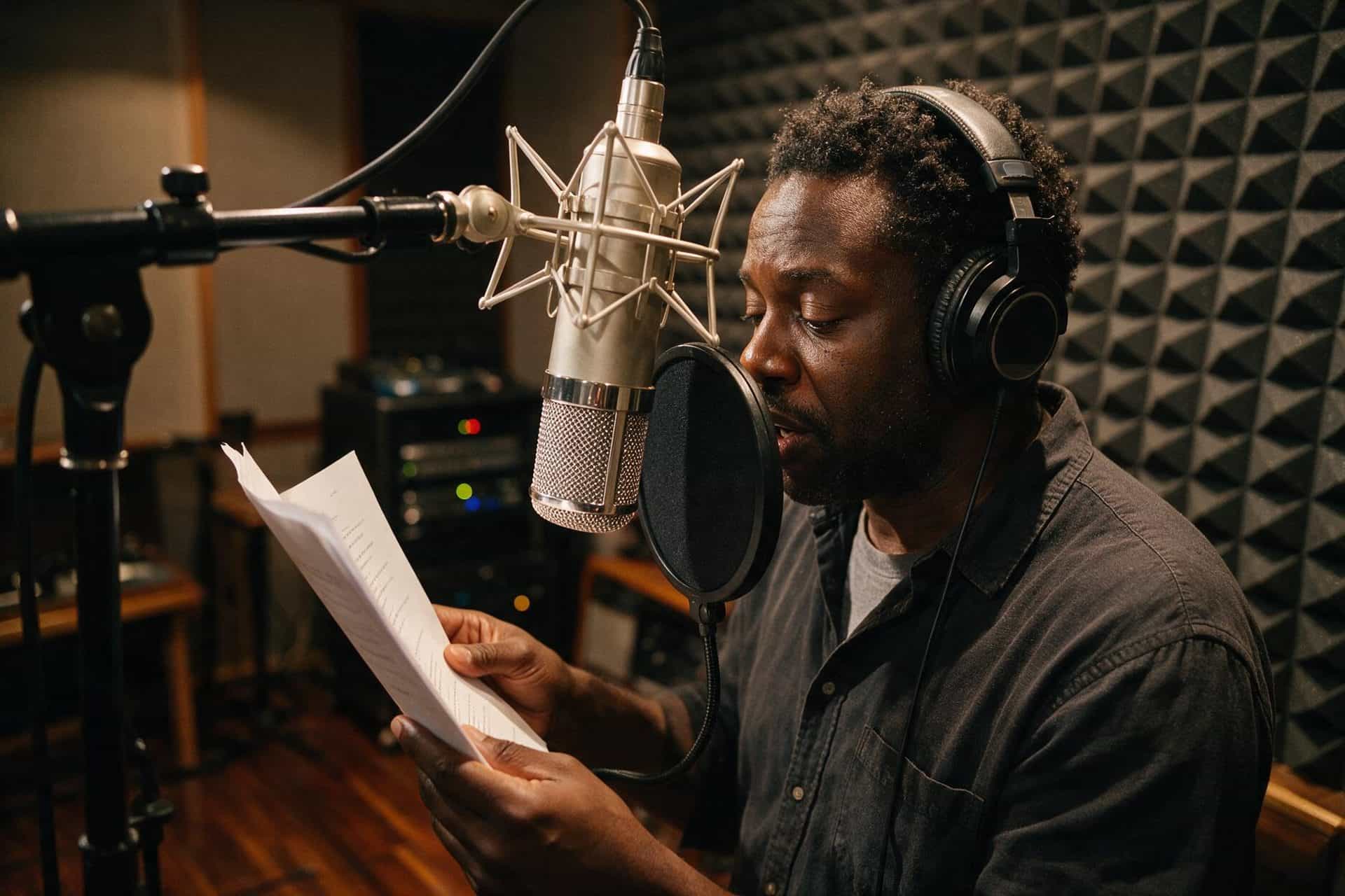 Haitian Creole voice actor recording at a studio microphone in a soundproofed booth