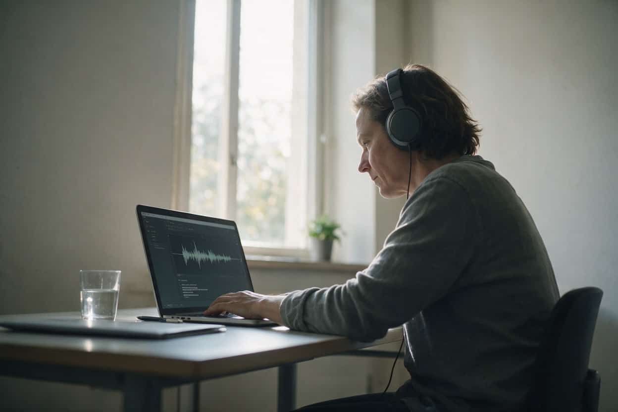 A transcriber listening through headphones and typing up a recording