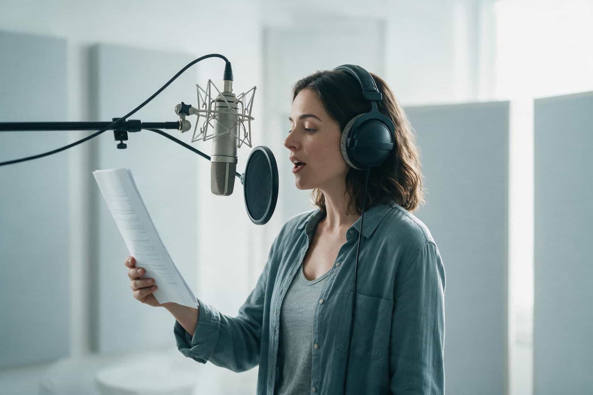 Bulgarian voice actor reading from a script at a studio microphone in a bright recording booth