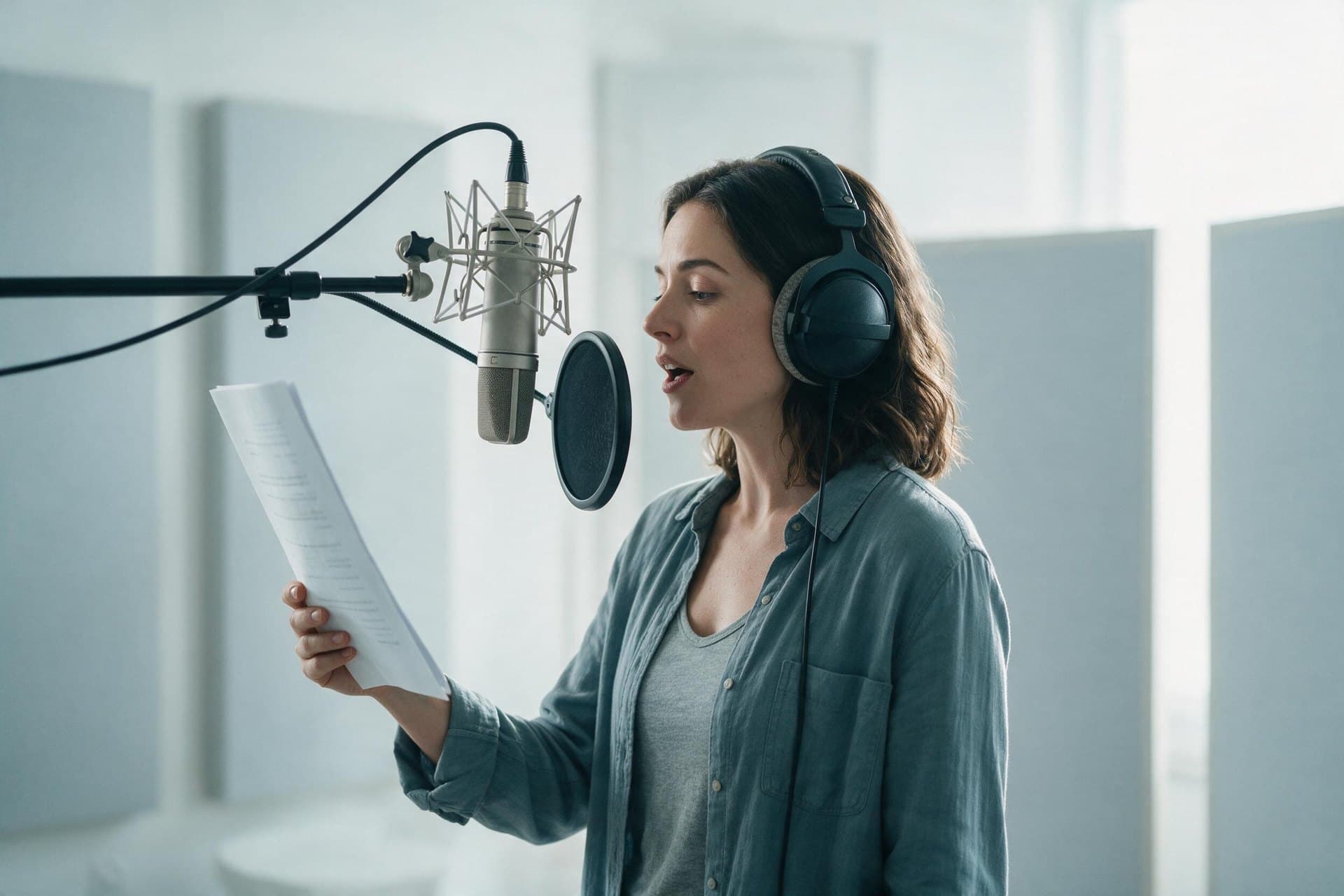 Bulgarian voice actor reading from a script at a studio microphone in a bright recording booth