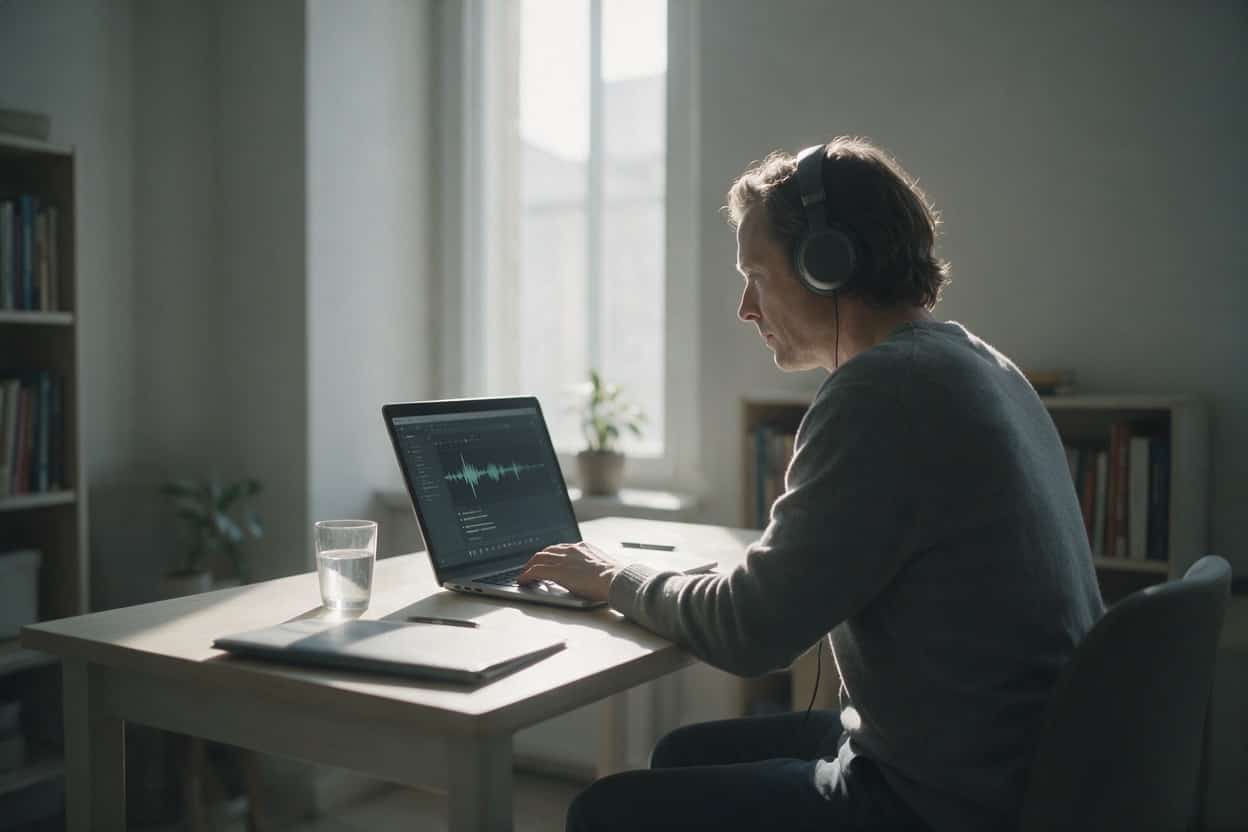 A transcriber listening through headphones and typing up a recording