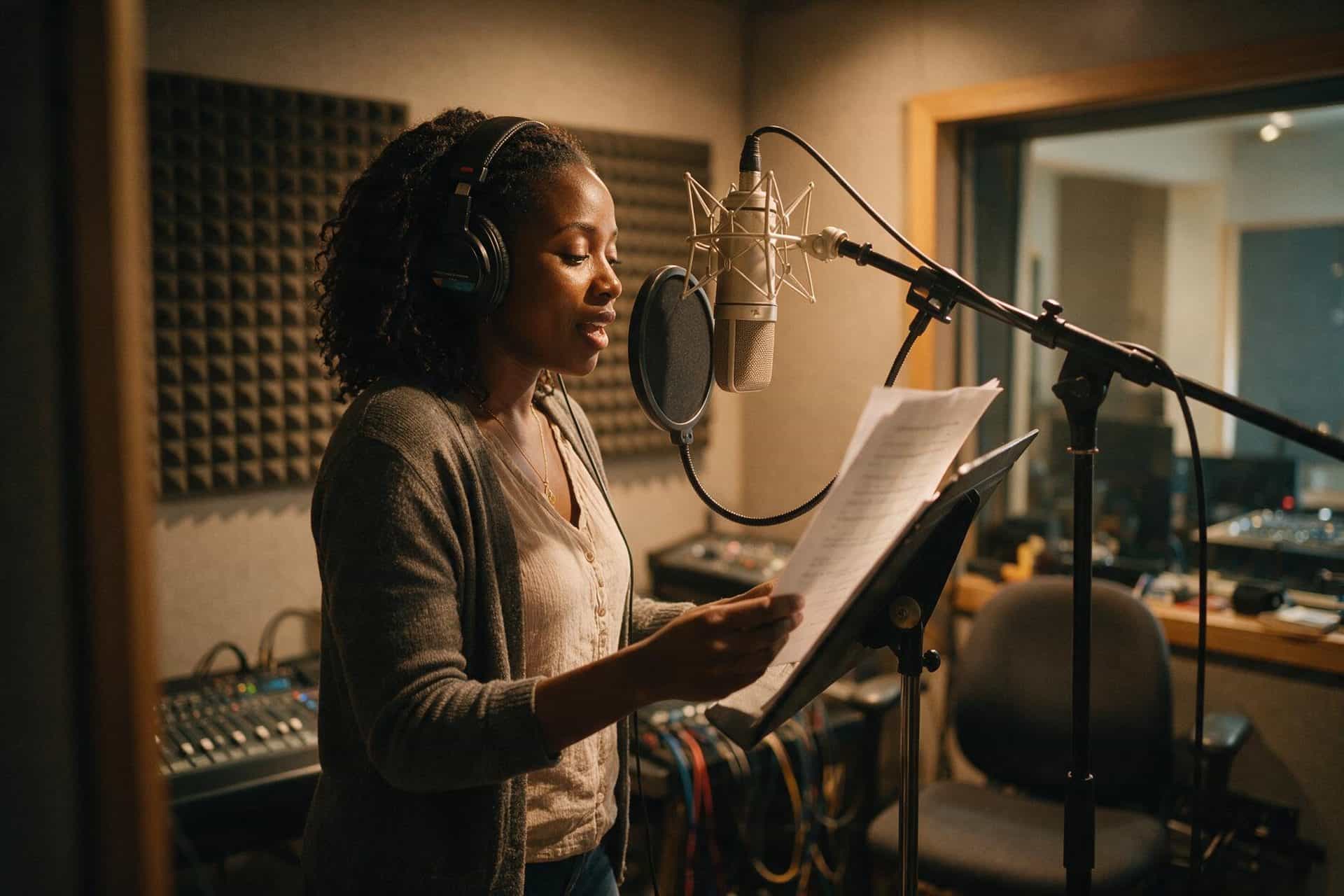 Hausa voice actor recording at a studio microphone in a soundproofed booth