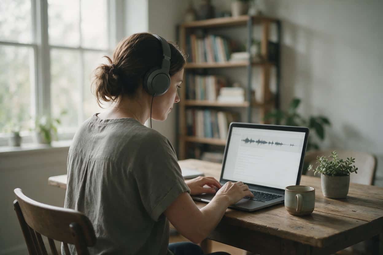 A transcriber listening through headphones and typing up a recording