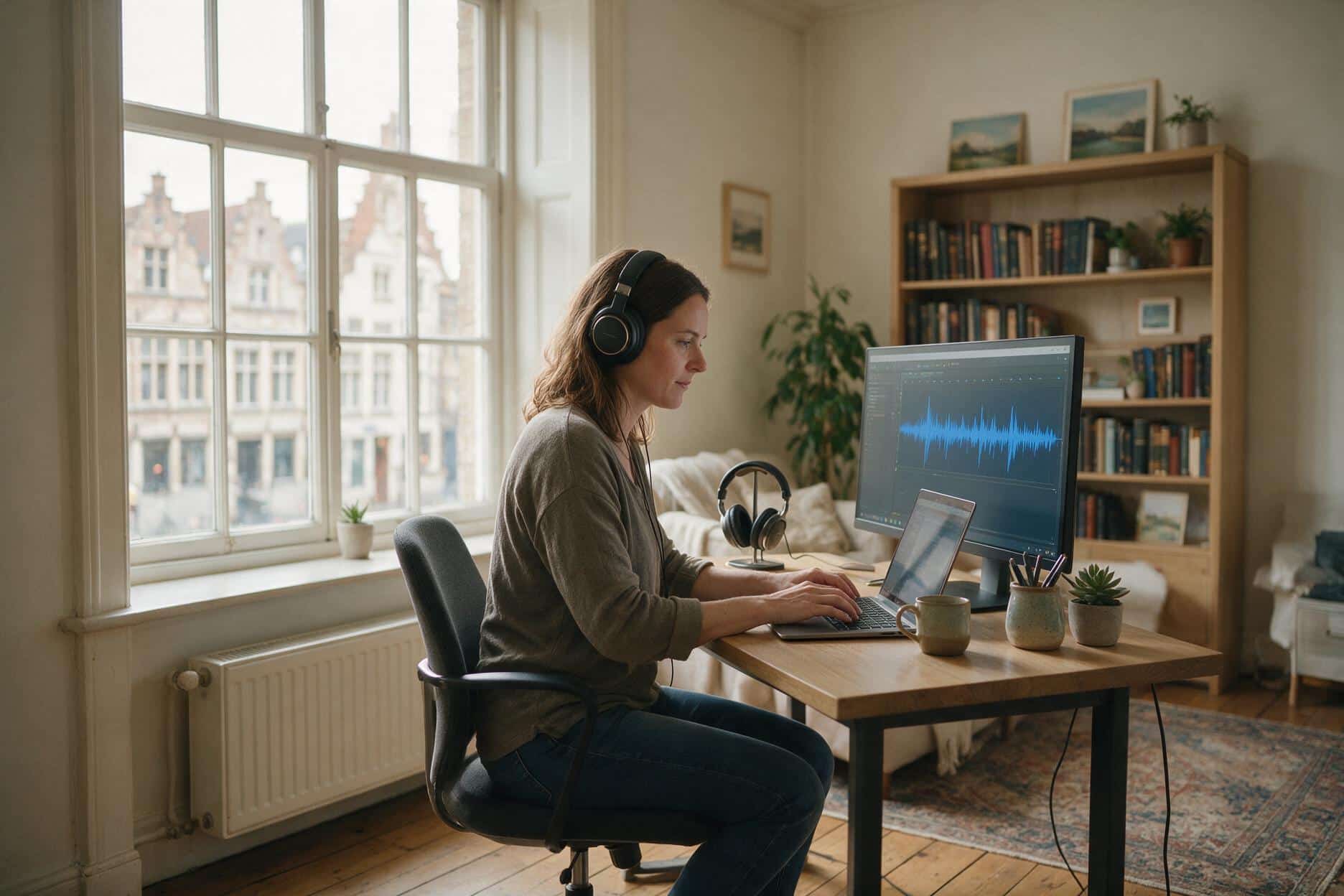 A transcriber listening through headphones and typing up a Flemish recording