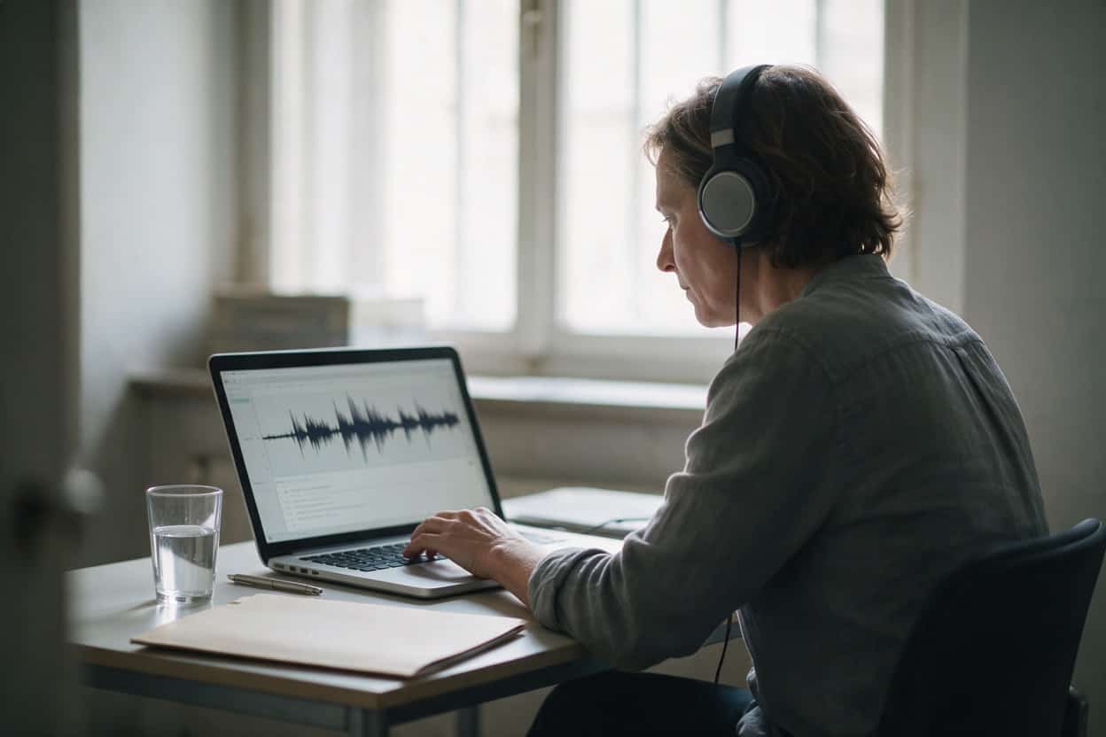A transcriber listening through headphones and typing up a recording