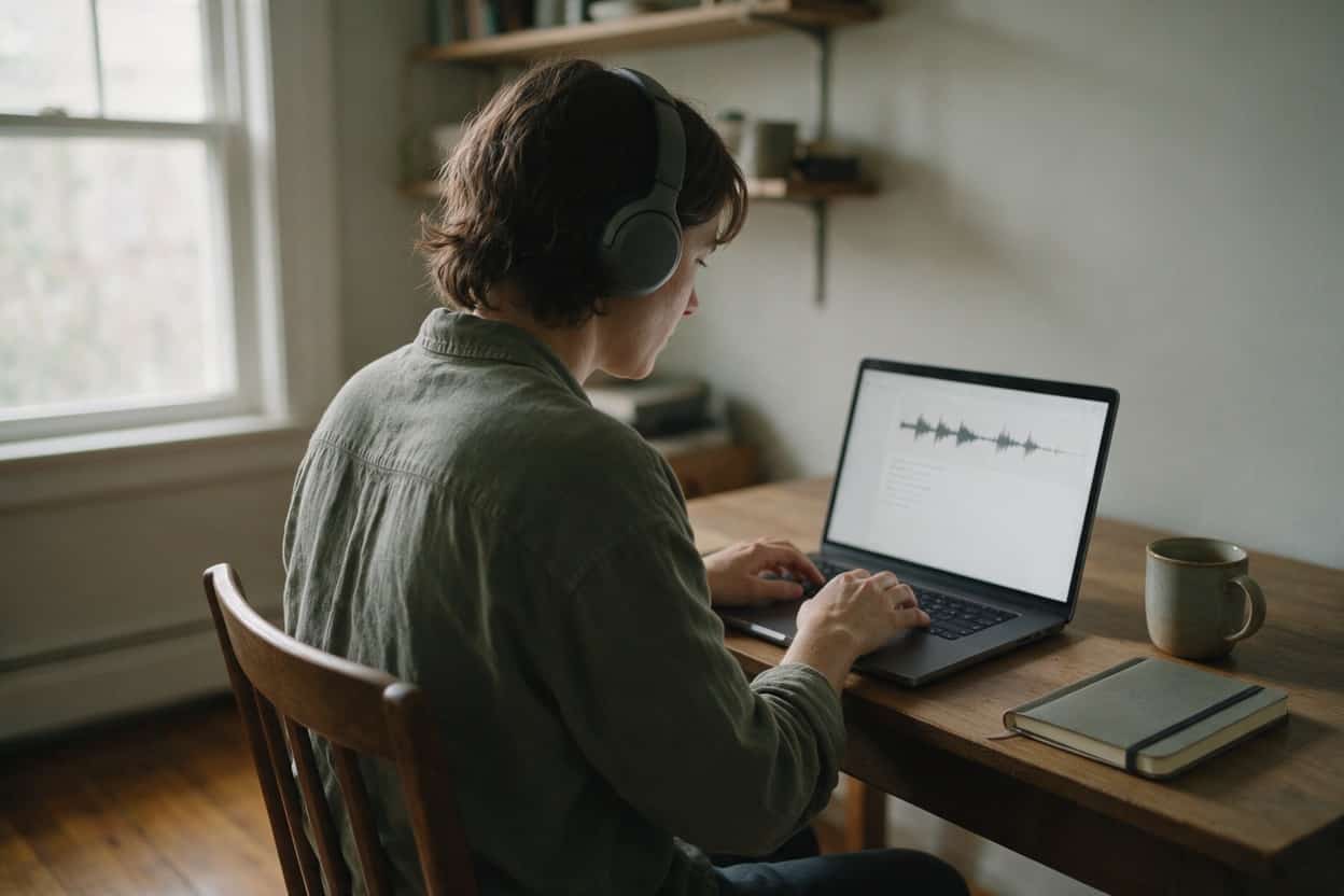 A transcriber listening through headphones and typing up a recording