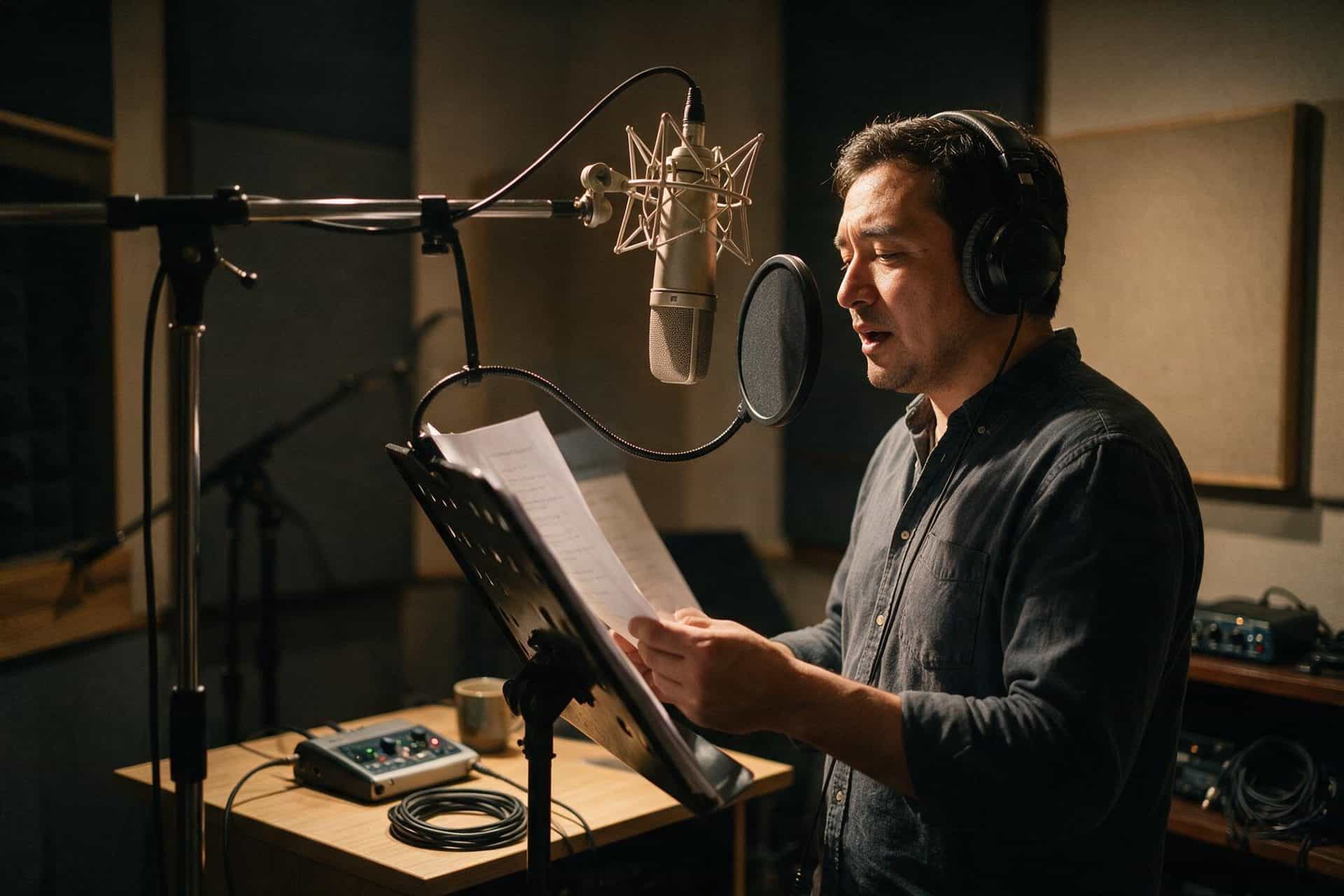 Dari Persian voice actor recording at a studio microphone in a soundproofed booth