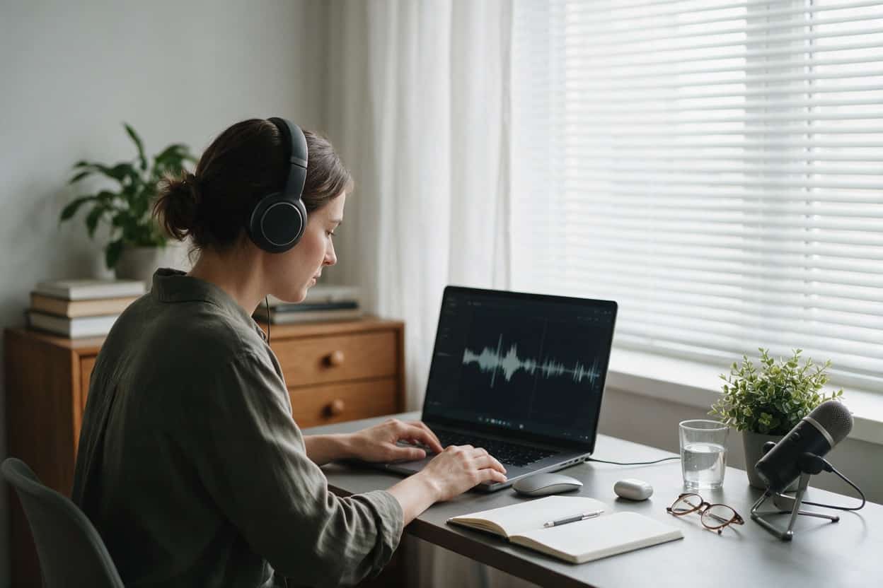 A transcriber listening through headphones and typing up a recording