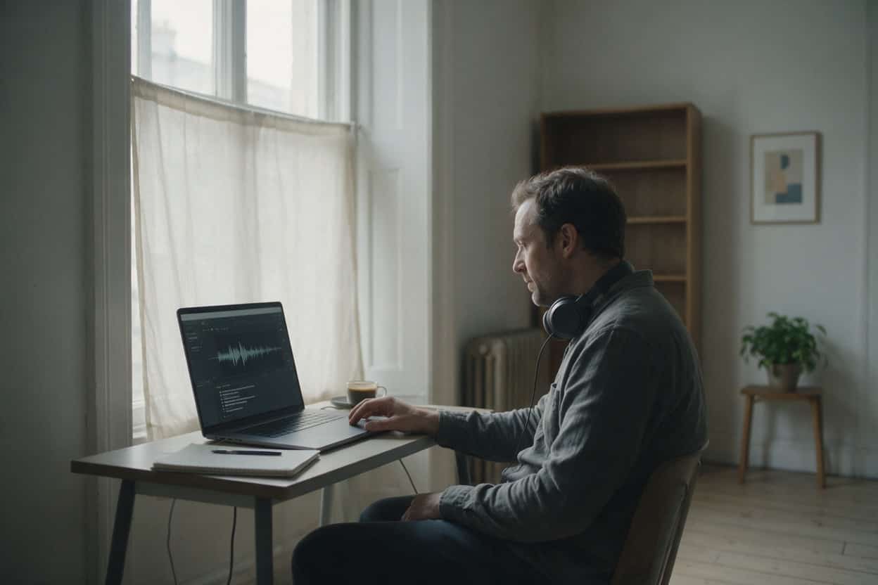A transcriber listening through headphones and typing up a recording