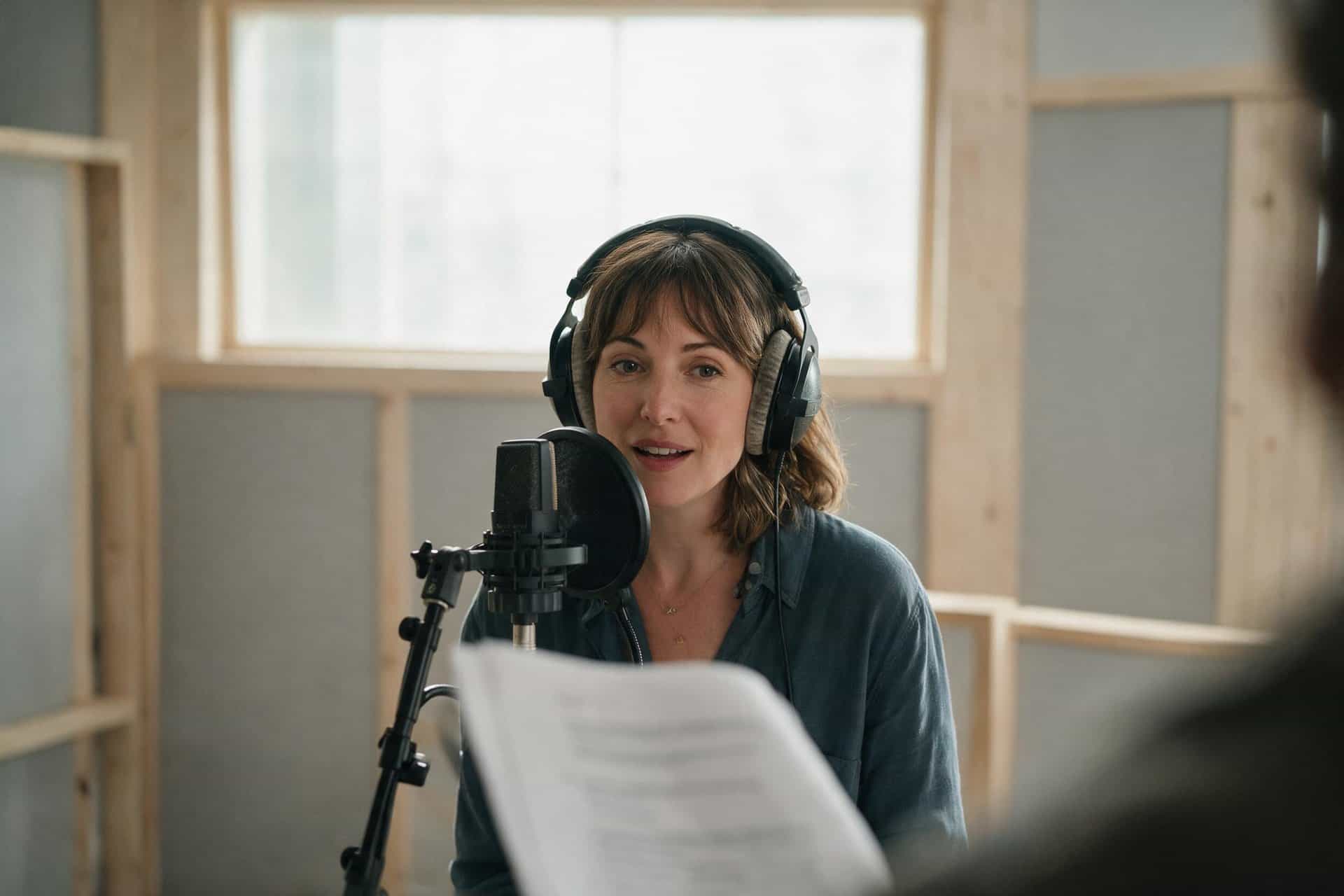 Lithuanian voice actor recording a script at a studio microphone in daylight