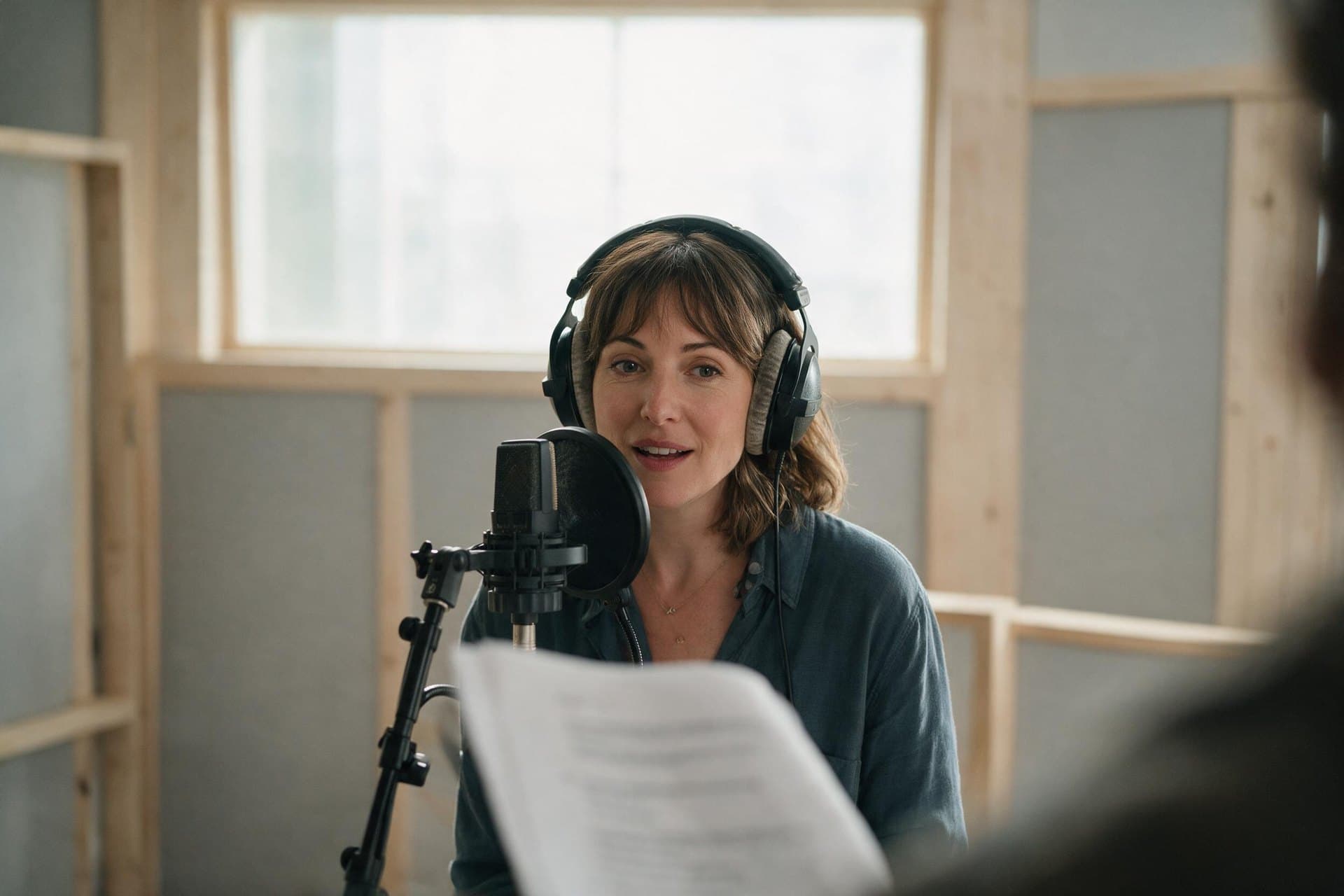 Lithuanian voice actor recording a script at a studio microphone in daylight