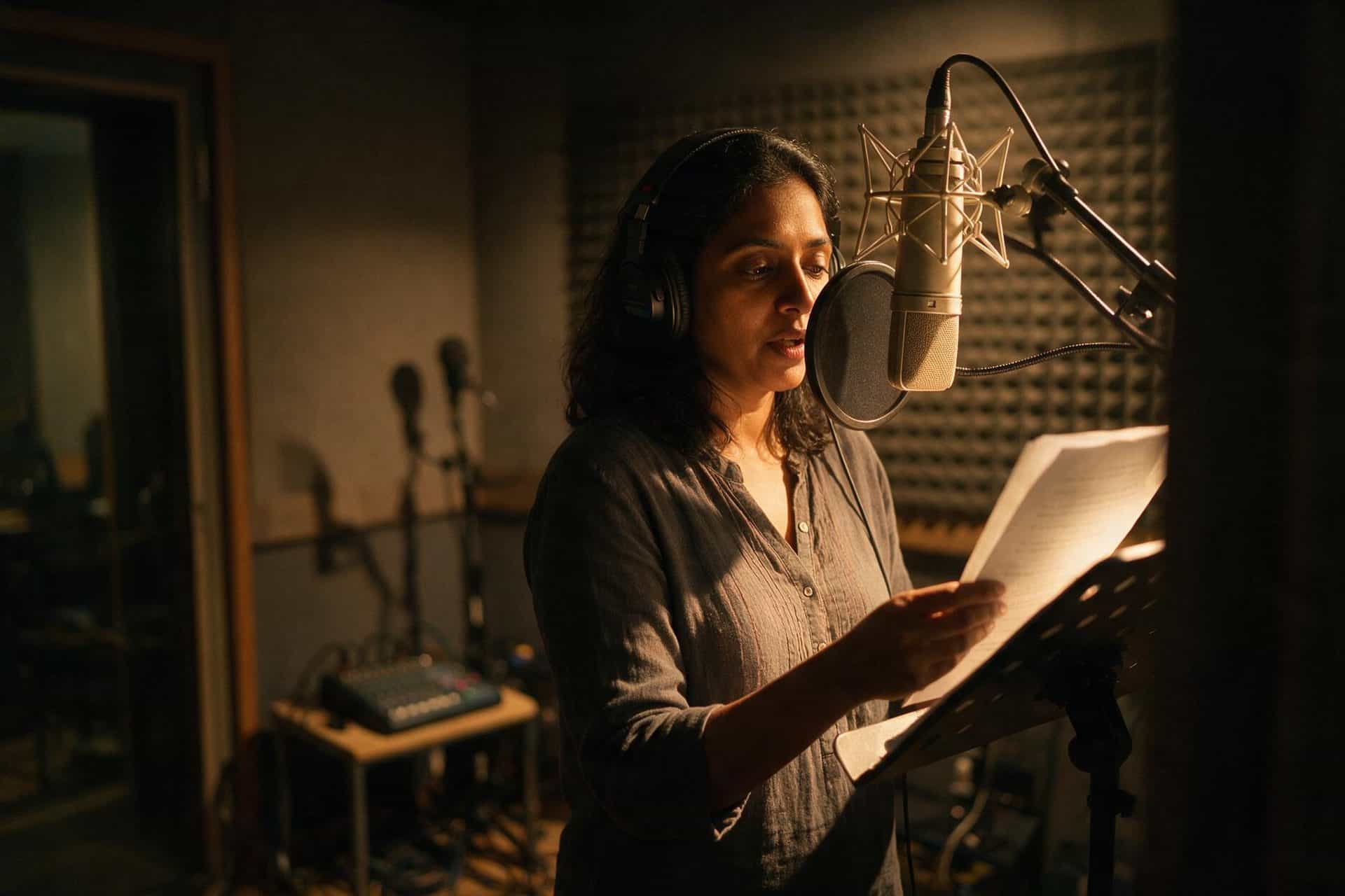 Gujarati voice actor recording at a studio microphone in a soundproofed booth