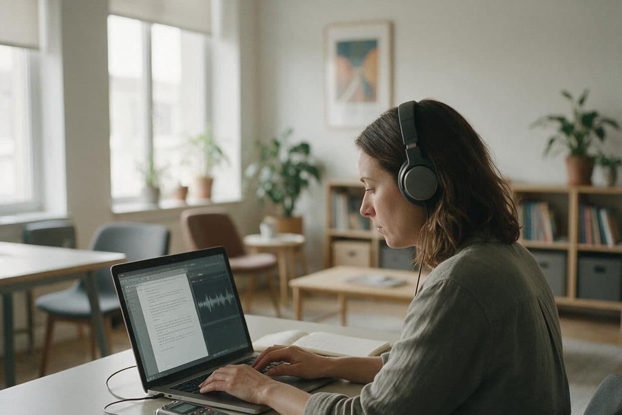 A transcriber listening through headphones and typing up a recording