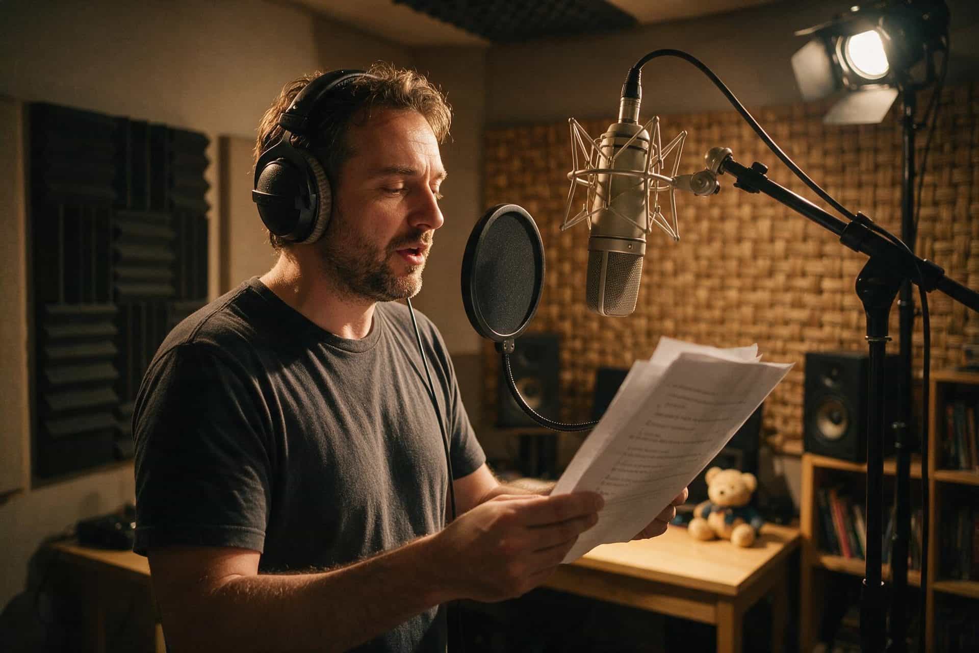Armenian voice actor recording at a studio microphone in a soundproofed booth