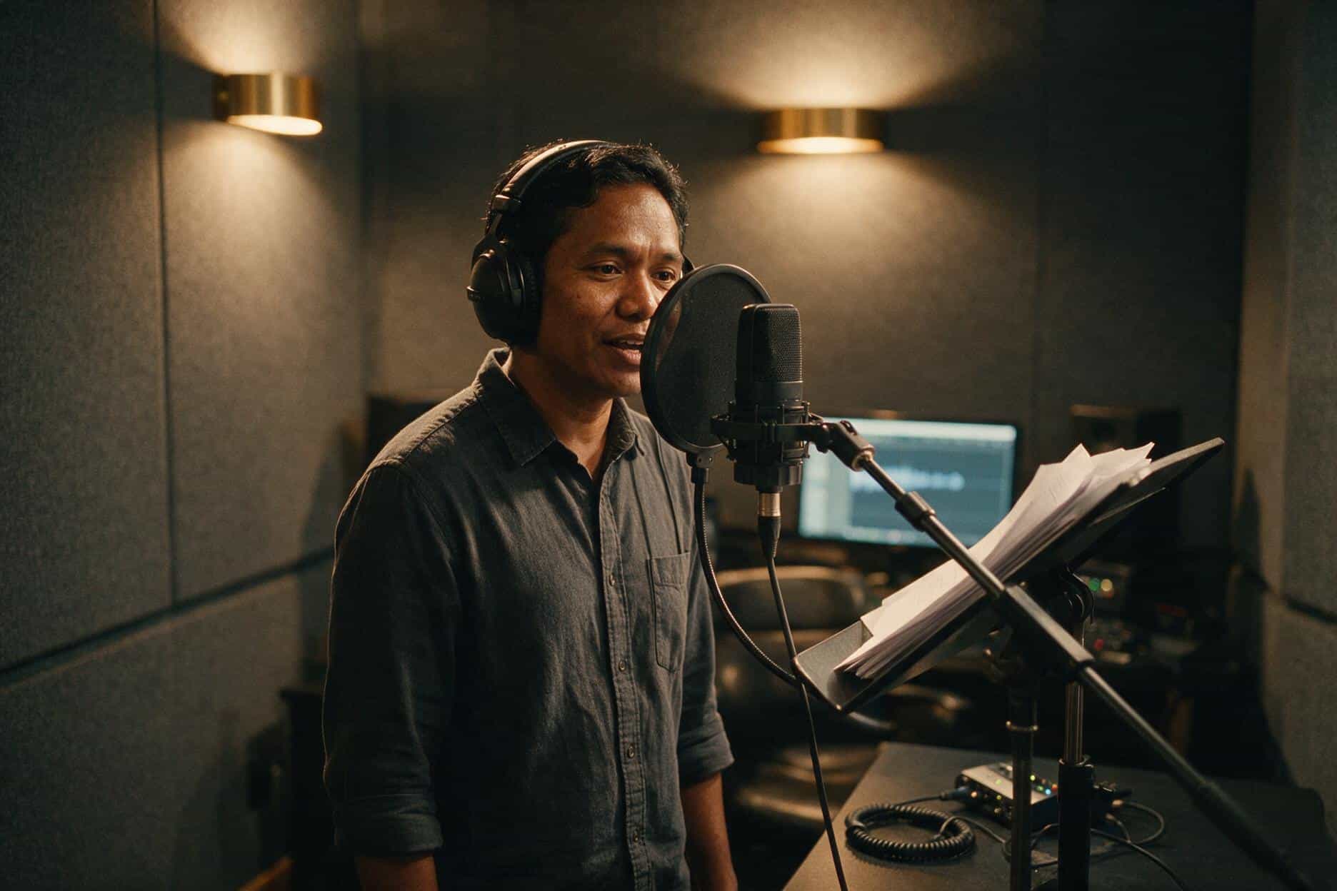 Voice actor at the microphone during a Tetun Dili recording session