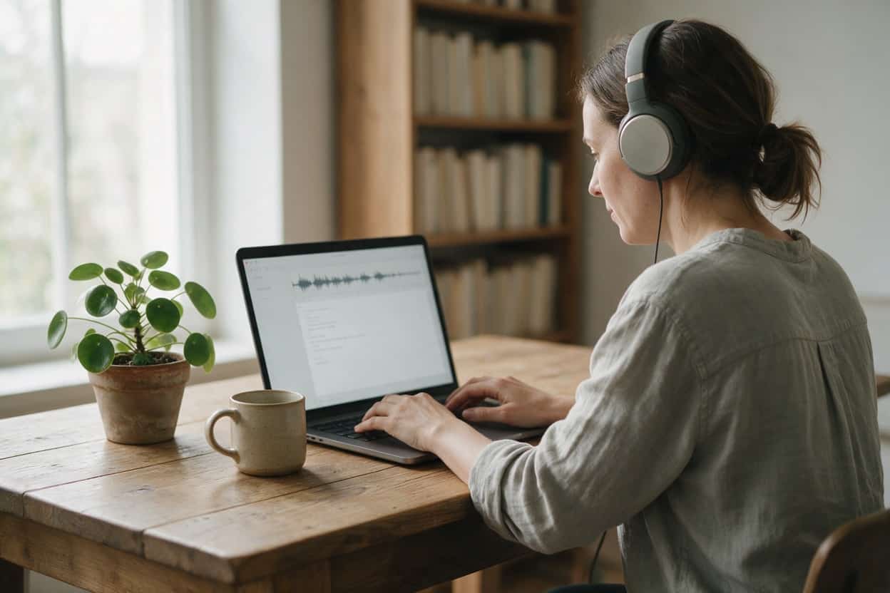 A transcriber listening through headphones and typing up a recording