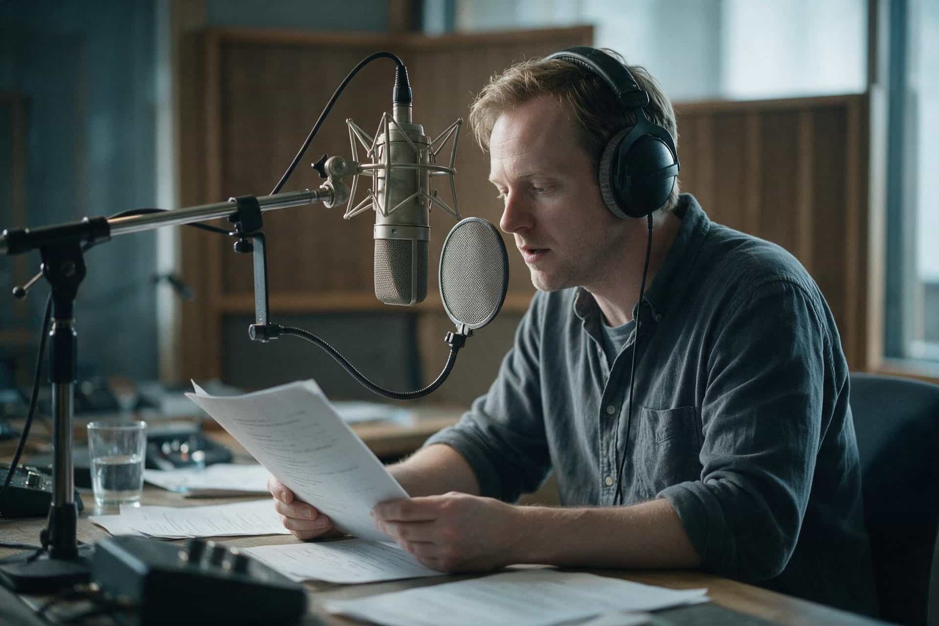 Irish language voice actor recording at a studio microphone in a soundproofed booth