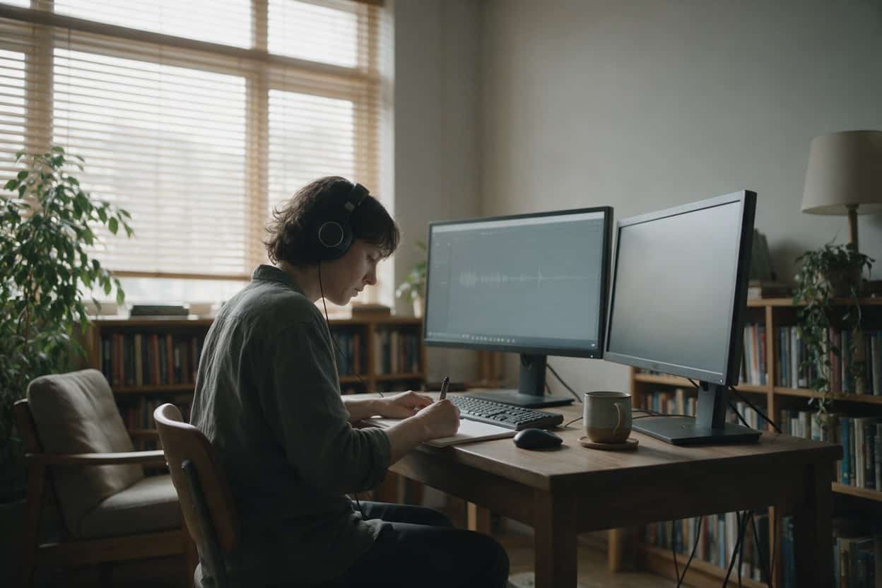 A transcriber listening through headphones and typing up a recording