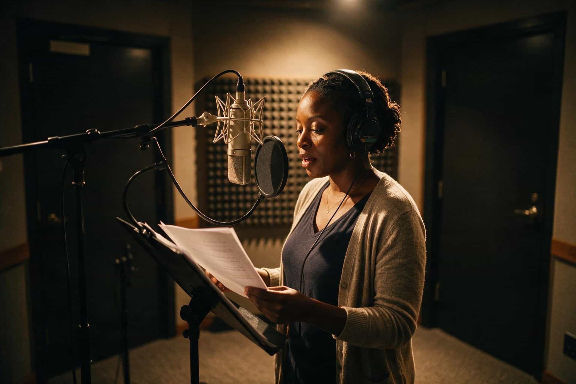Setswana voice actor recording at a studio microphone in a soundproofed booth