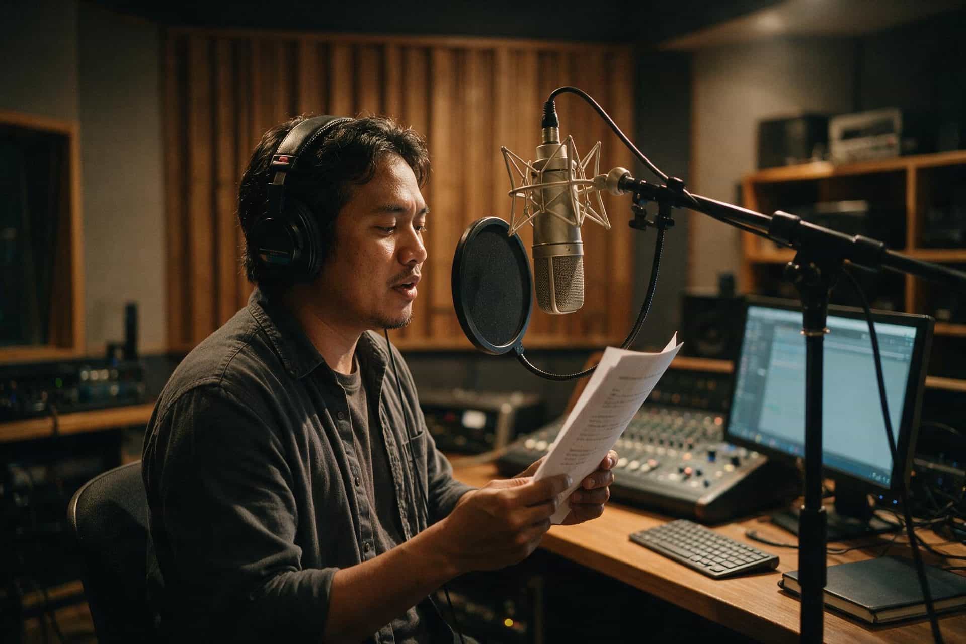 Khmer voice actor recording at a studio microphone in a soundproofed booth
