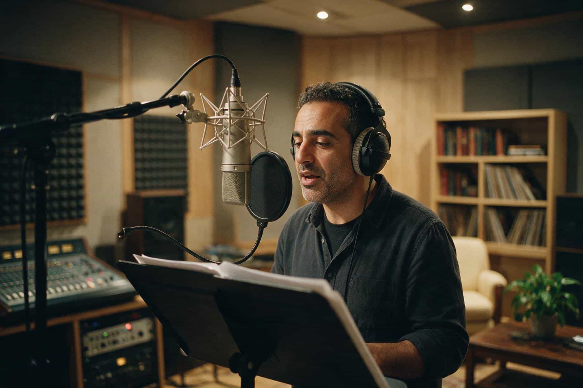 Voice actor at the microphone during a Maltese recording session