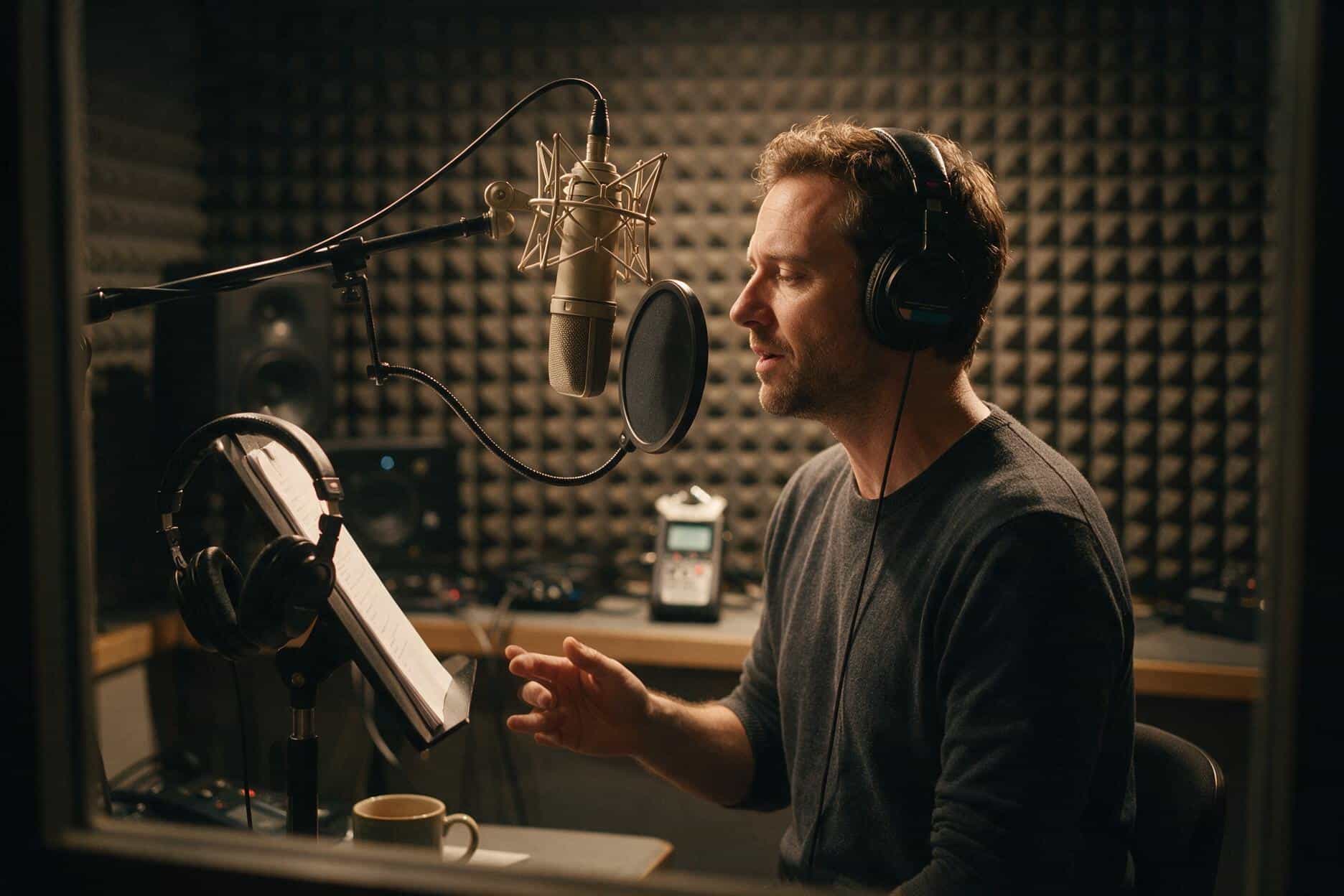 Voice actor at the microphone during an Azerbaijani recording session
