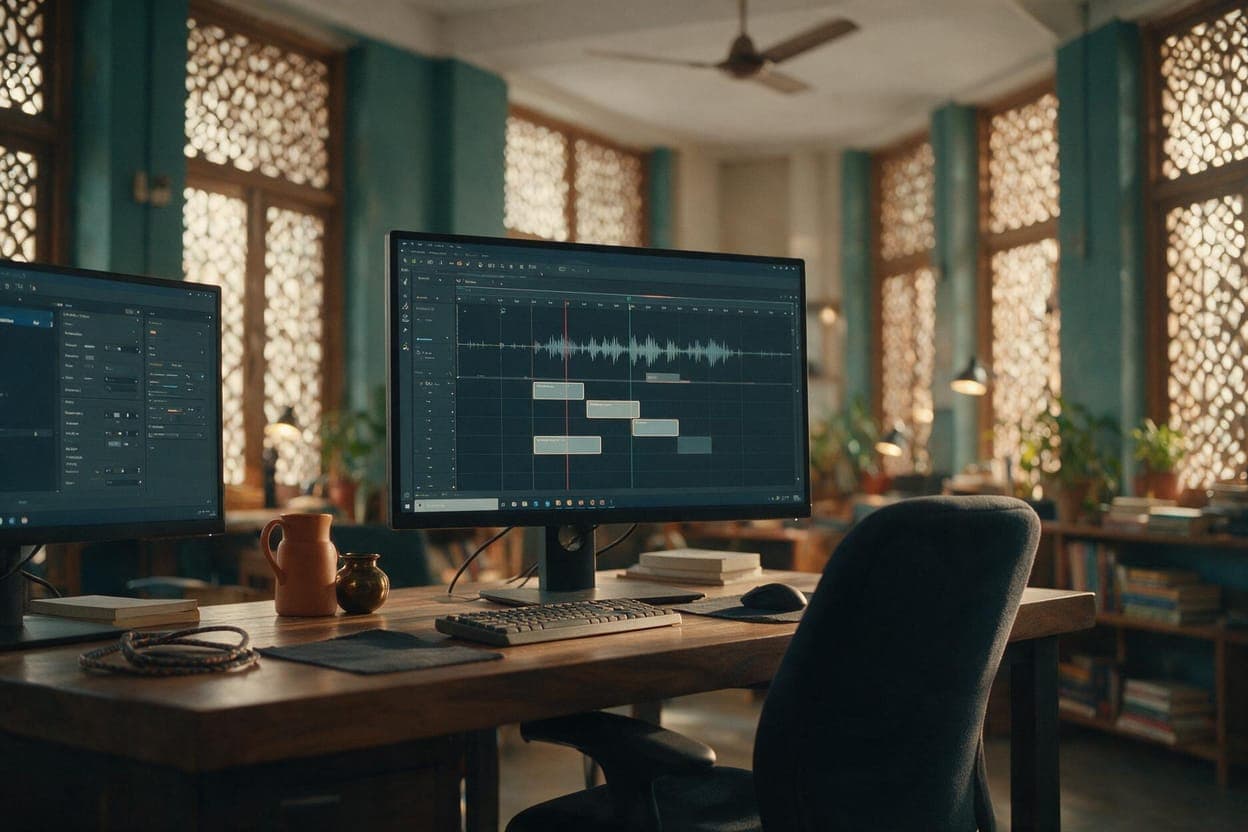Hindi subtitles being timed against video in a post-production suite